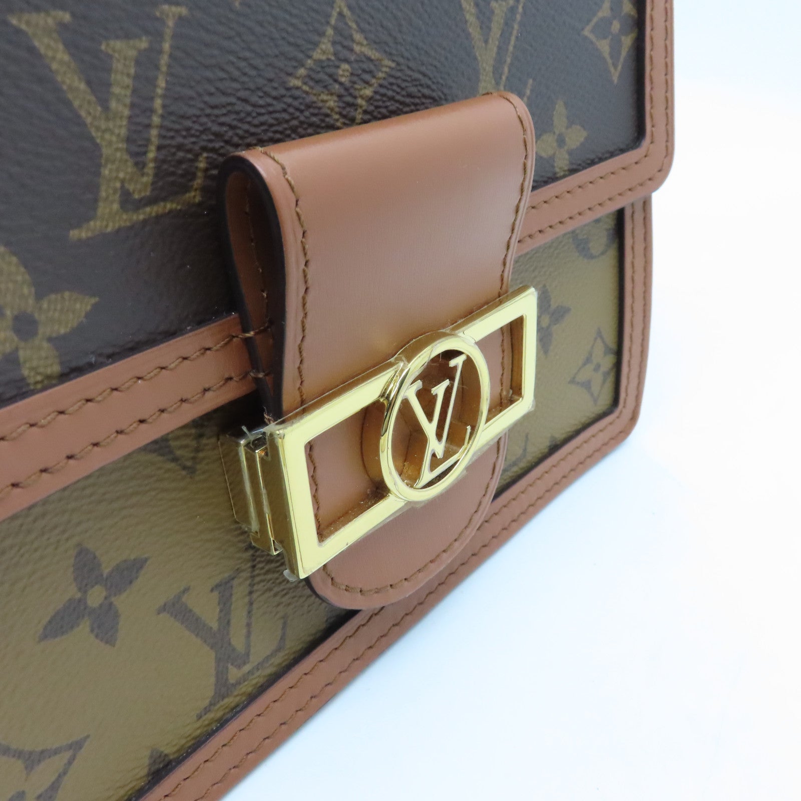 LOUIS VUITTON Monogram Reverse Mini Dauphine Gold Buckle Shoulder Bag Brown