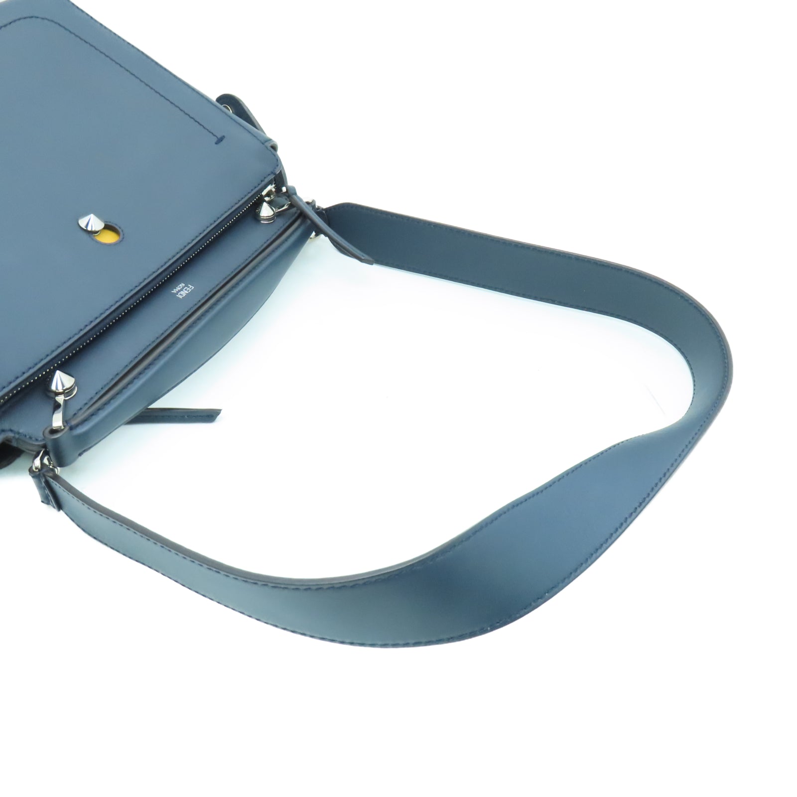 FENDI Cowhide Leather Dotcom Silver Buckle Handle Shoulder Bag Blue