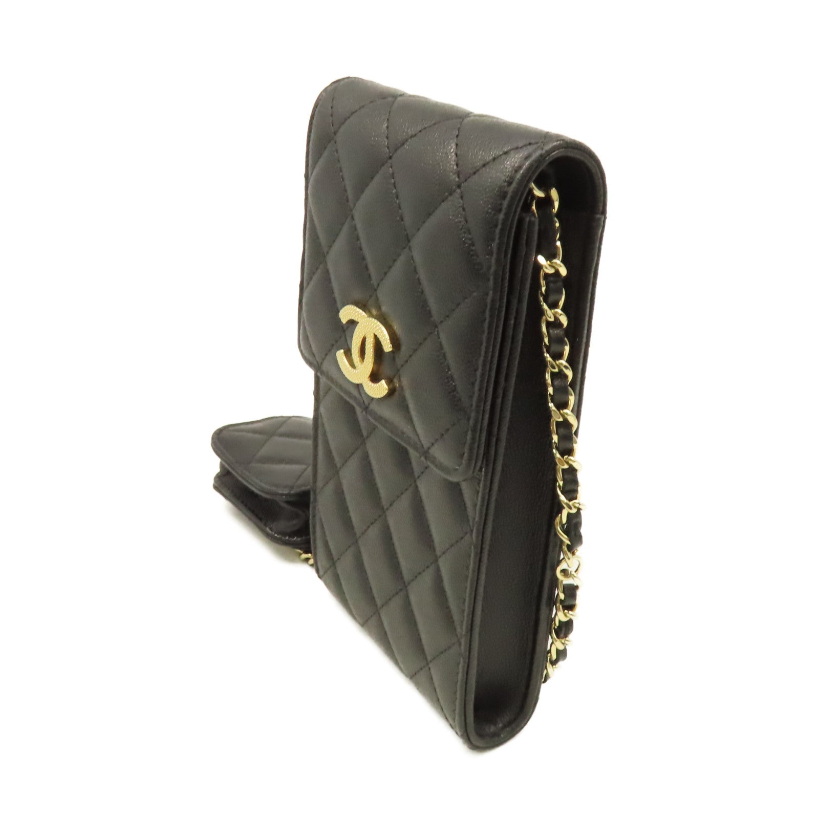 CHANEL 菱格Caviar皮革Phone And Airpods Case金扣鏈帶手機/耳機袋黑色