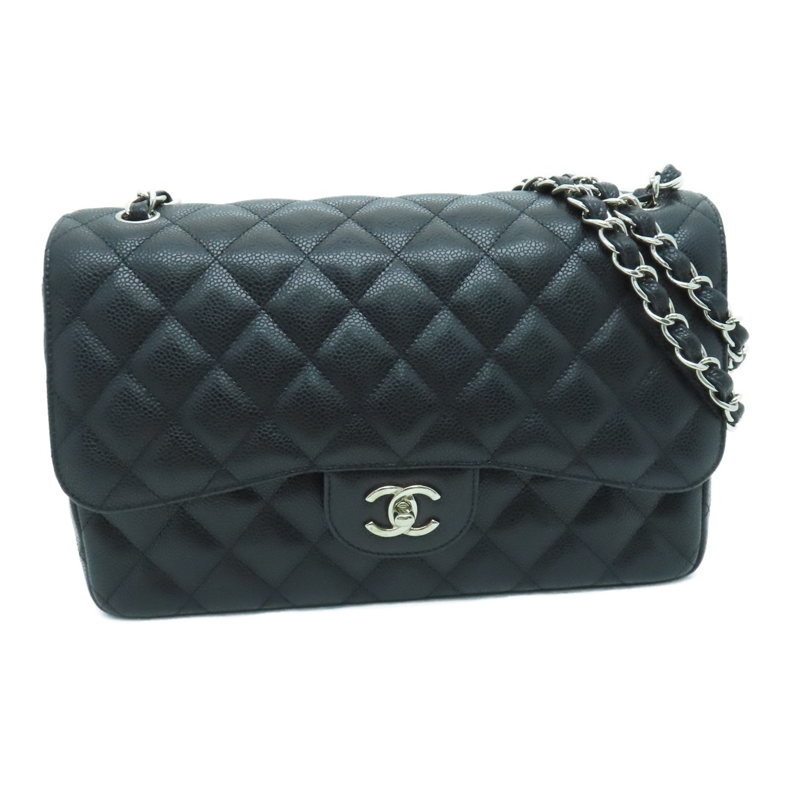 CHANEL 菱格Caviar皮革Classic Jumbo银扣肩背袋黑色