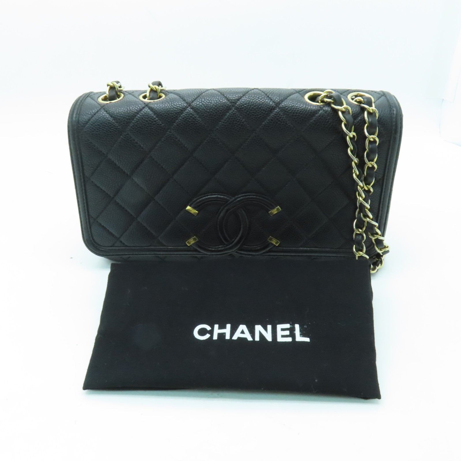 CHANEL 菱格牛皮皮革Shoulder Bag金扣链带肩背袋黑色