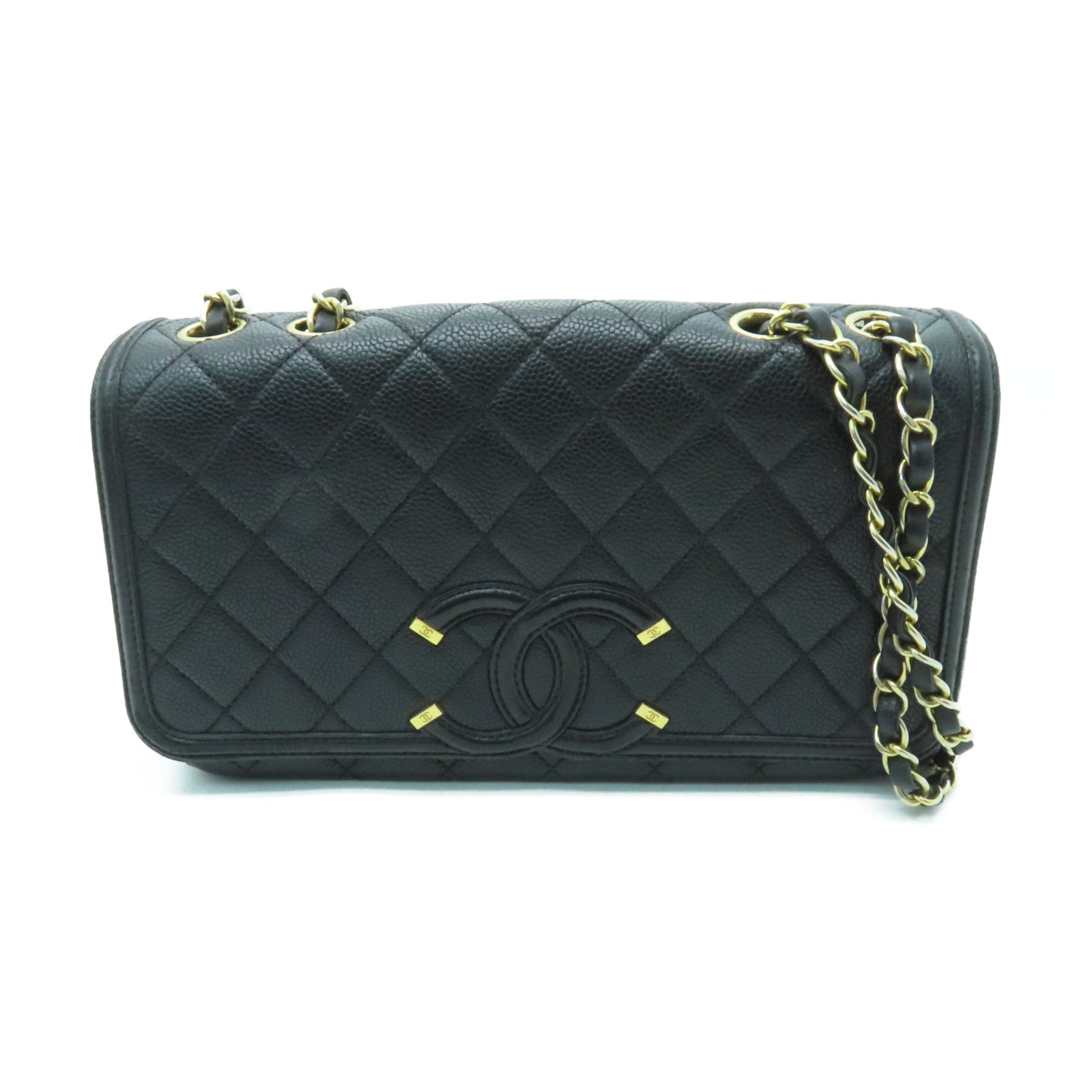 CHANEL 菱格牛皮皮革Shoulder Bag金扣鏈帶肩背袋黑色