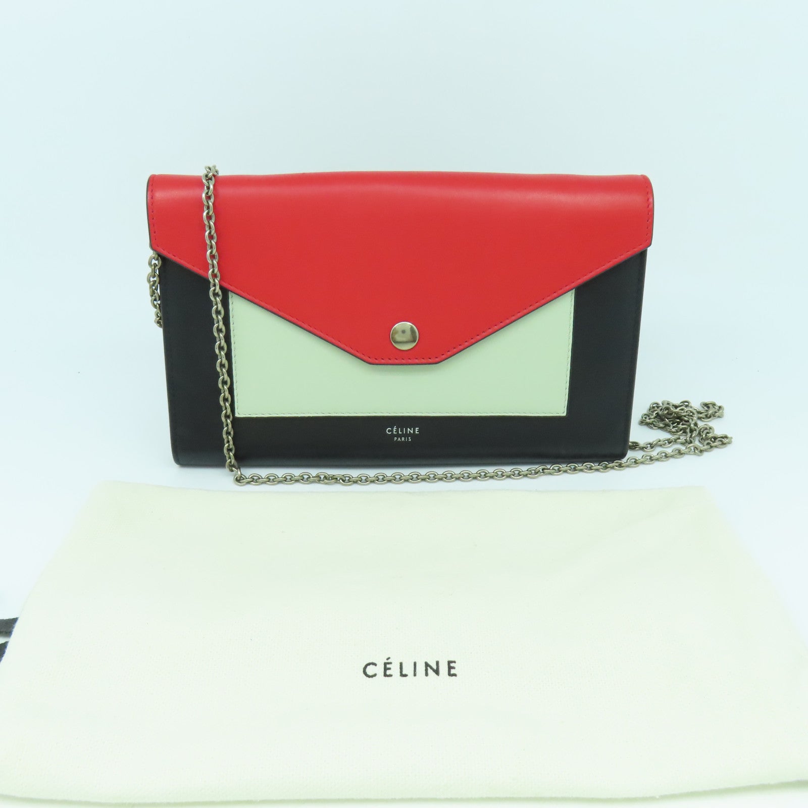 CELINE 牛皮皮革Shoulder Bag銀扣鏈帶肩背袋紅色/黑色