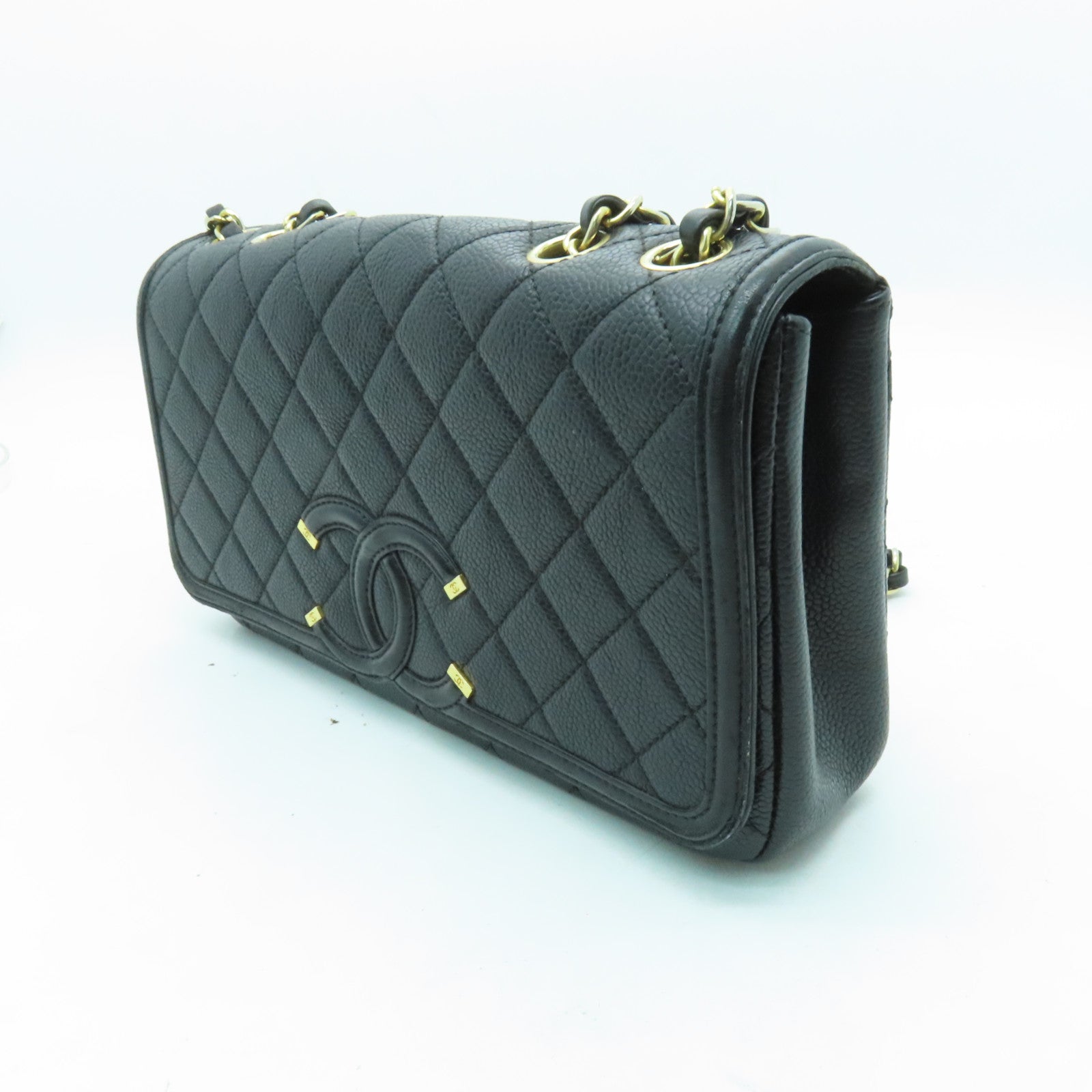 CHANEL 菱格牛皮皮革Shoulder Bag金扣链带肩背袋黑色