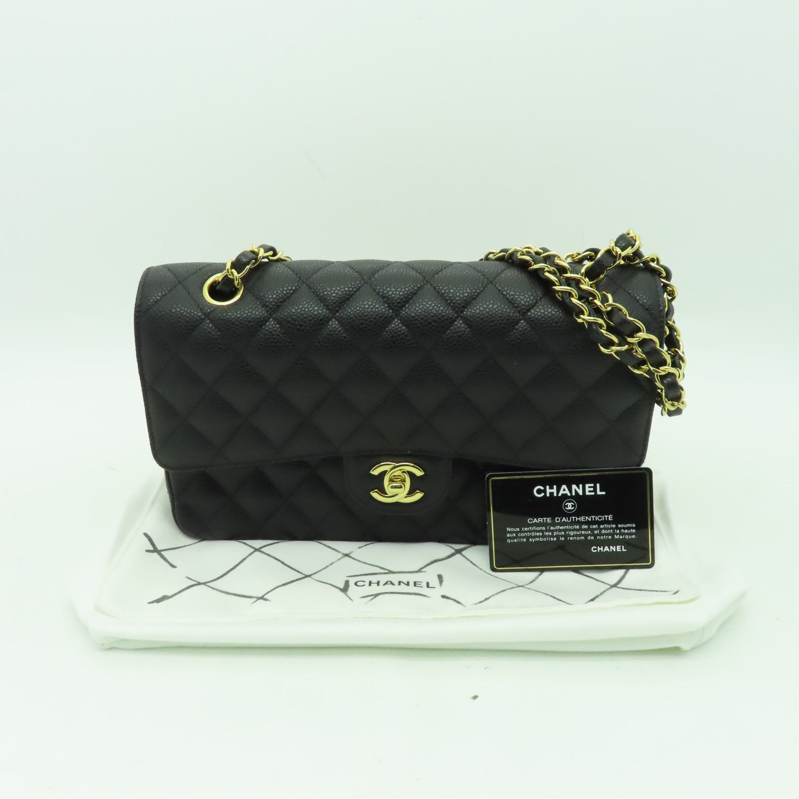CHANEL 菱格Caviar皮革Classic Flap 25金扣鏈帶肩背袋黒色