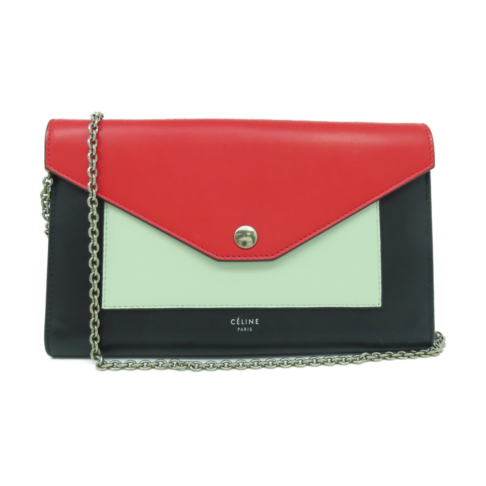 CELINE 牛皮皮革Shoulder Bag銀扣鏈帶肩背袋紅色/黑色