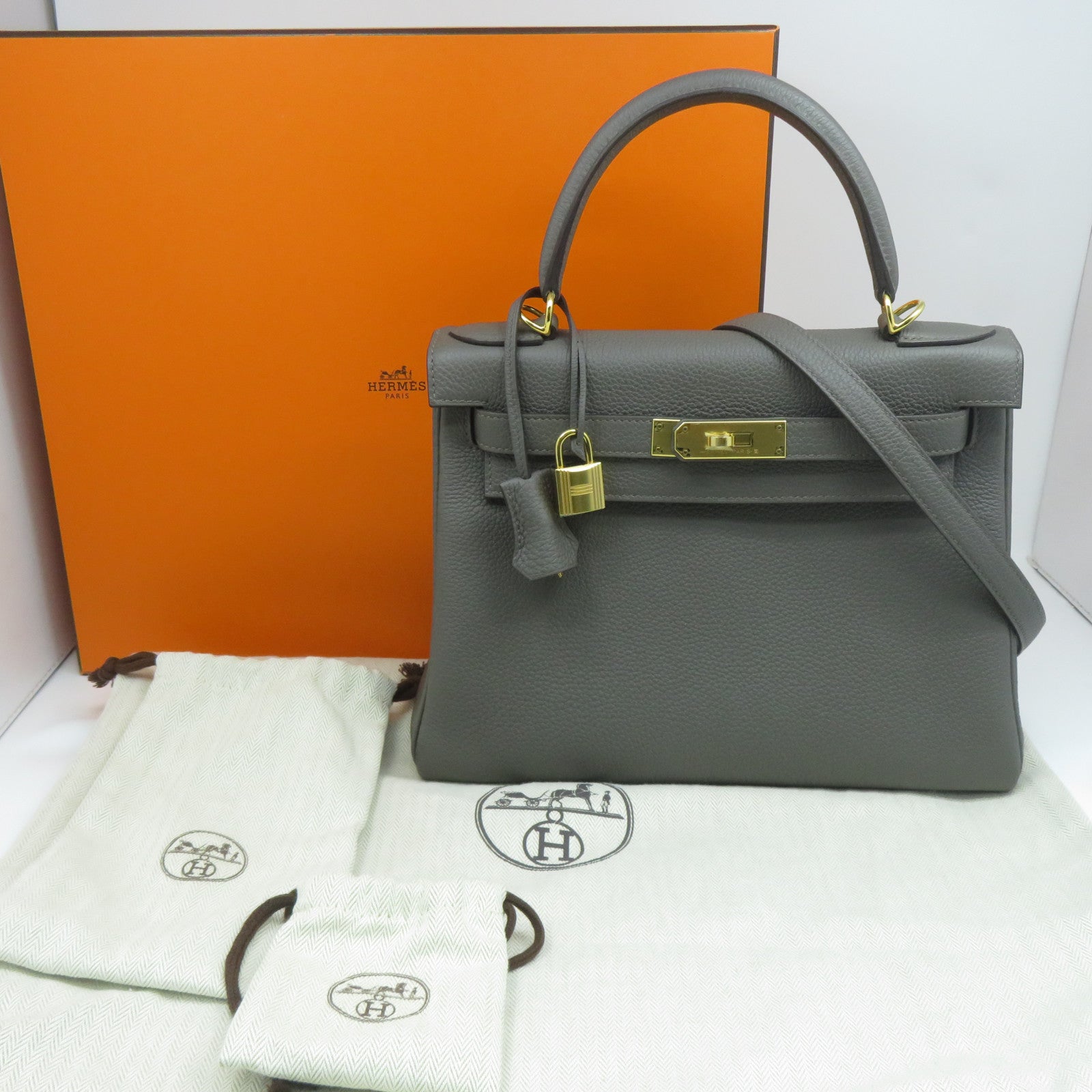 HERMES Clemence皮革Kelly 28金扣手挽肩背兩用袋Etoupe大象灰色