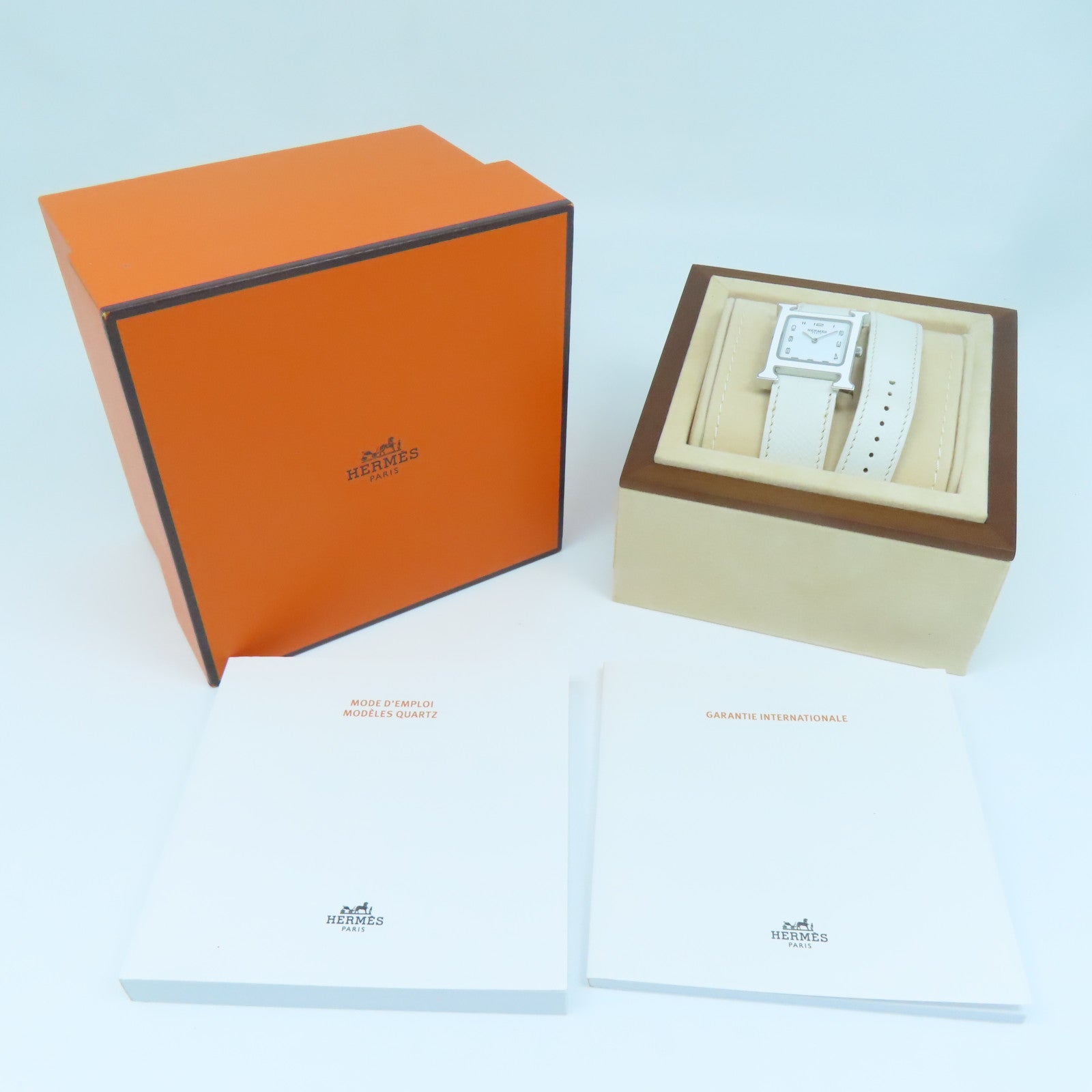 HERMES Heure H Watch MM不鏽鋼/Epsom皮革帶手錶石英機芯白色
