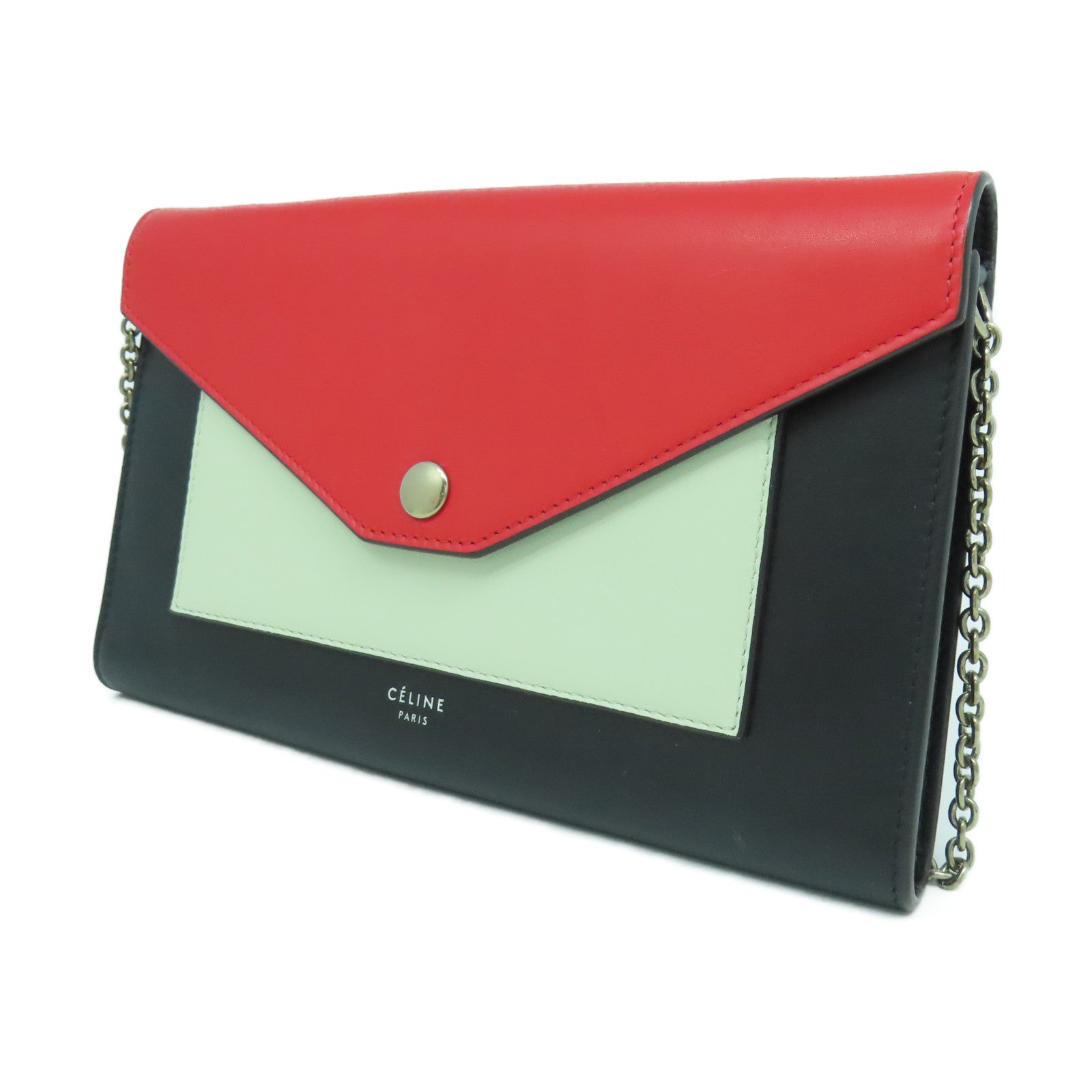 CELINE 牛皮皮革Shoulder Bag銀扣鏈帶肩背袋紅色/黑色