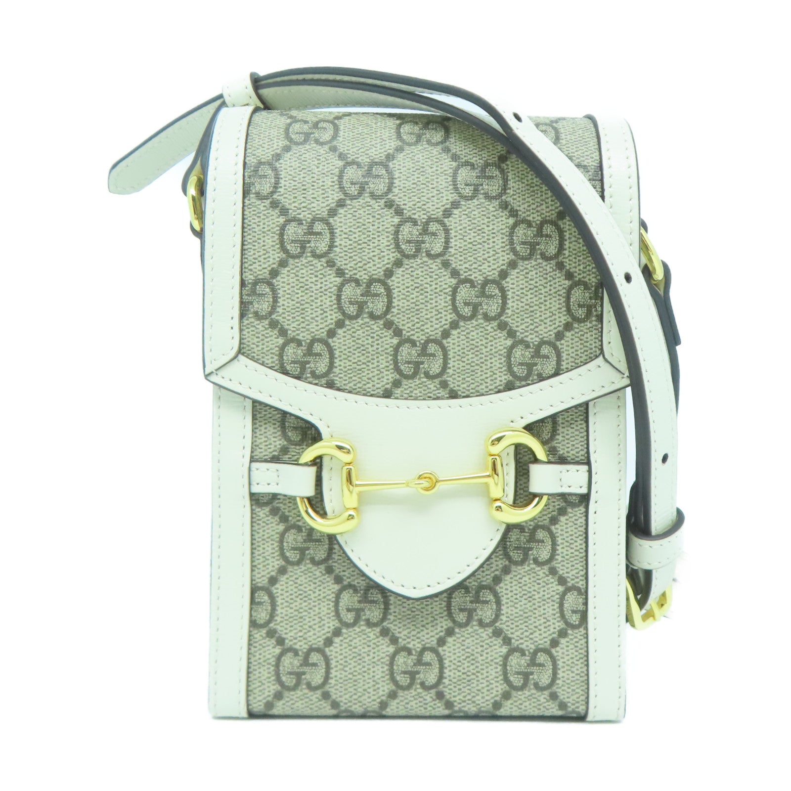 GUCCI 塗層帆布Gucci Horsebit 1955金扣肩背袋白色/啡色