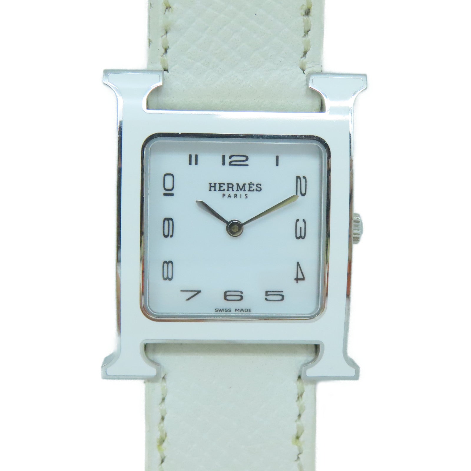HERMES Heure H Watch MM不鏽鋼/Epsom皮革帶手錶石英機芯白色