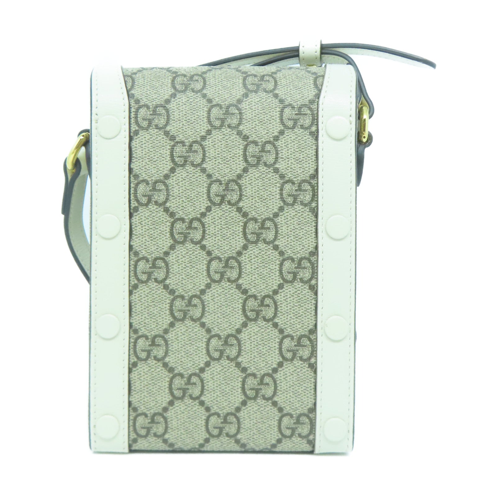 GUCCI 塗層帆布Gucci Horsebit 1955金扣肩背袋白色/啡色