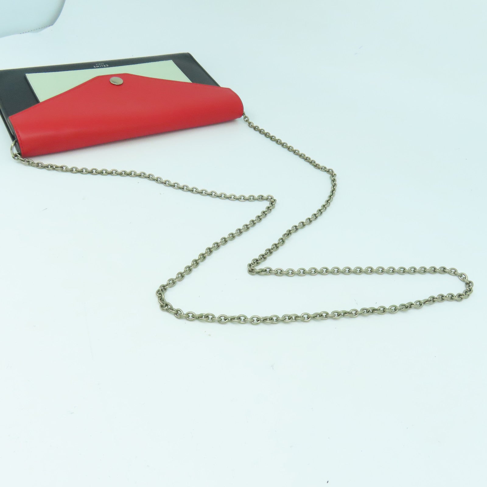 CELINE 牛皮皮革Shoulder Bag銀扣鏈帶肩背袋紅色/黑色