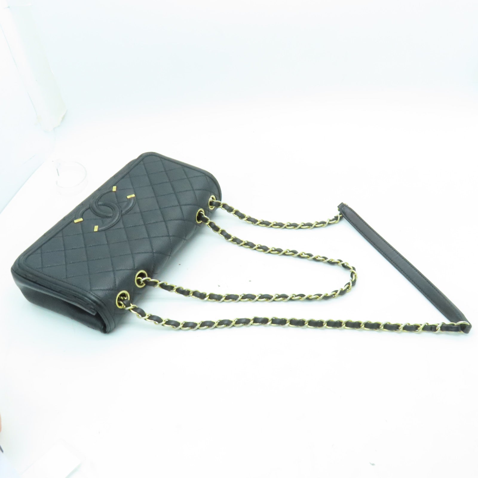 CHANEL 菱格牛皮皮革Shoulder Bag金扣链带肩背袋黑色