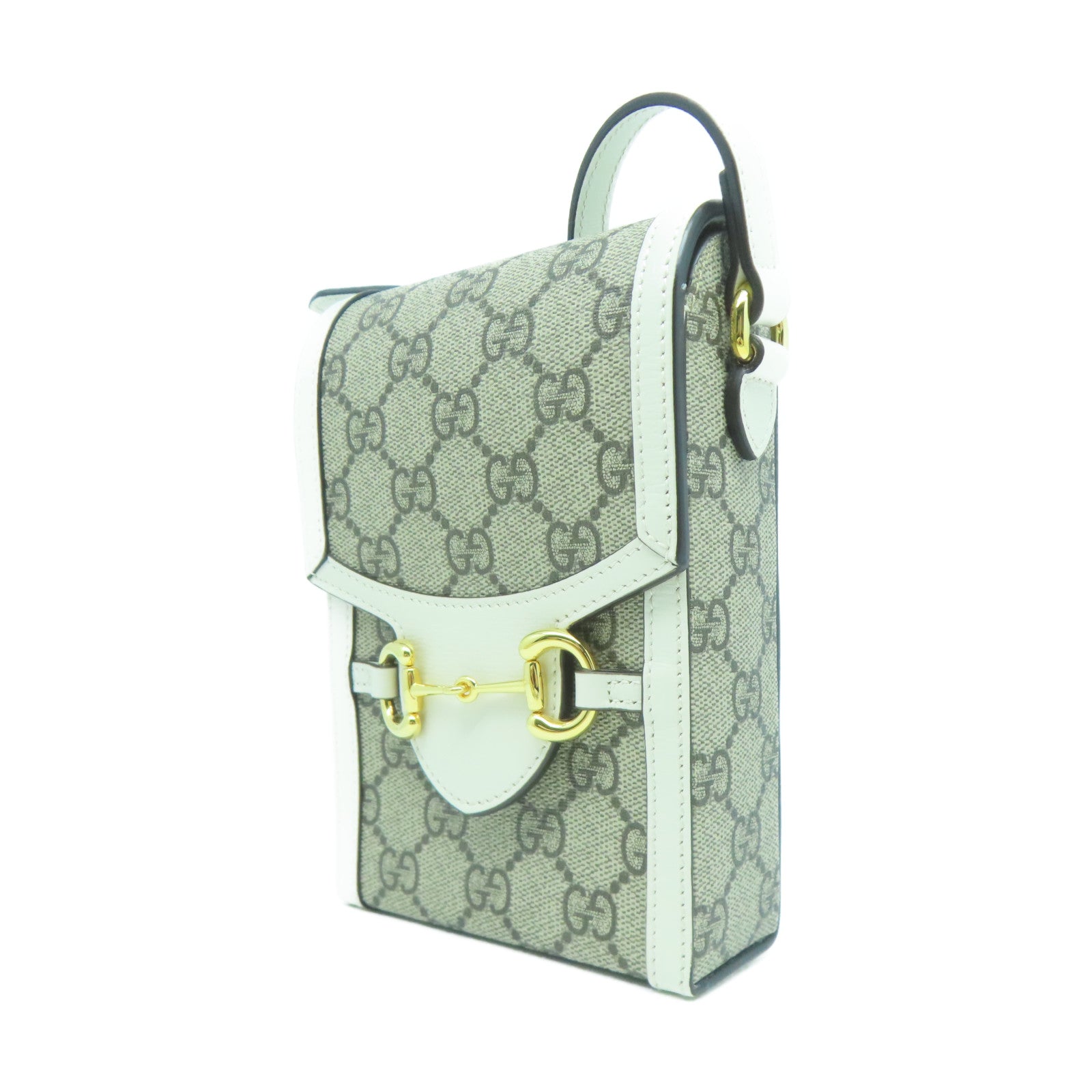 GUCCI 塗層帆布Gucci Horsebit 1955金扣肩背袋白色/啡色