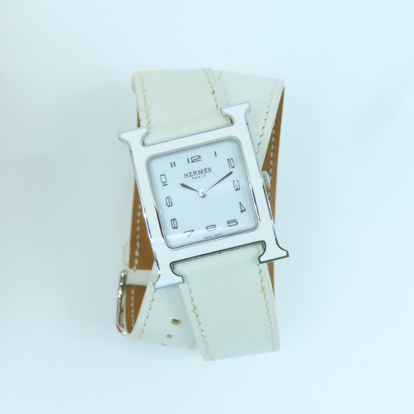 HERMES Heure H Watch MM不鏽鋼/Epsom皮革帶手錶石英機芯白色