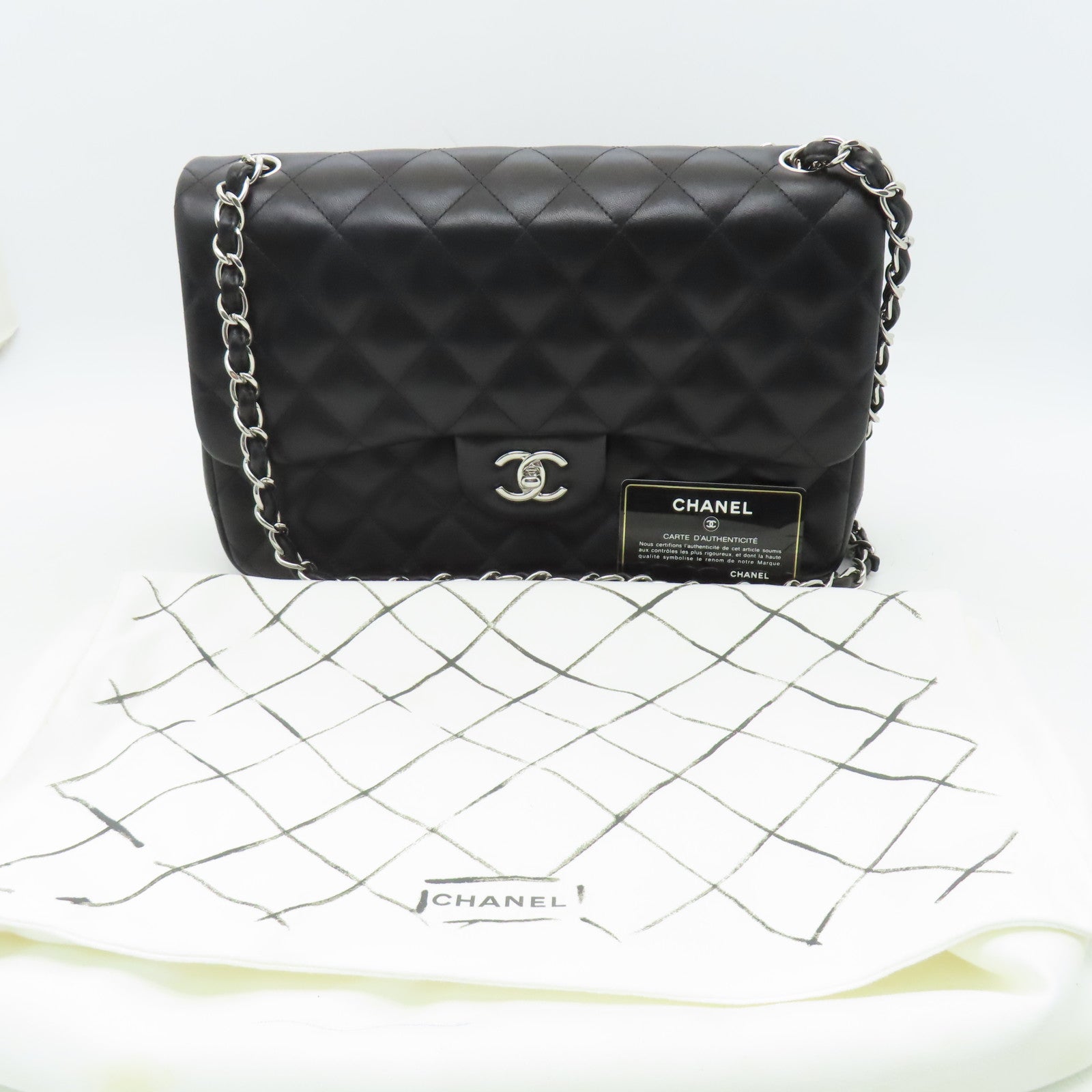 CHANEL 菱格羊皮皮革Jumbo銀扣鏈帶肩背袋黑色