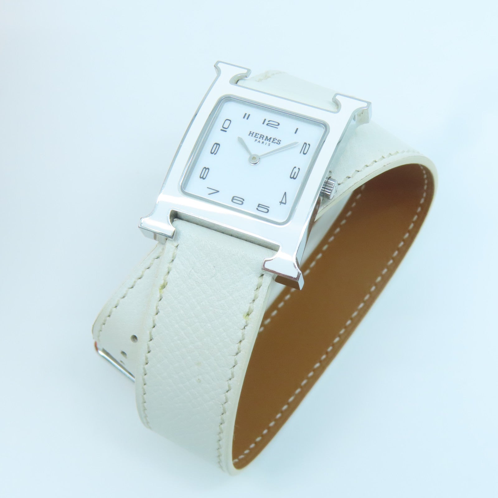 HERMES Heure H Watch MM不鏽鋼/Epsom皮革帶手錶石英機芯白色
