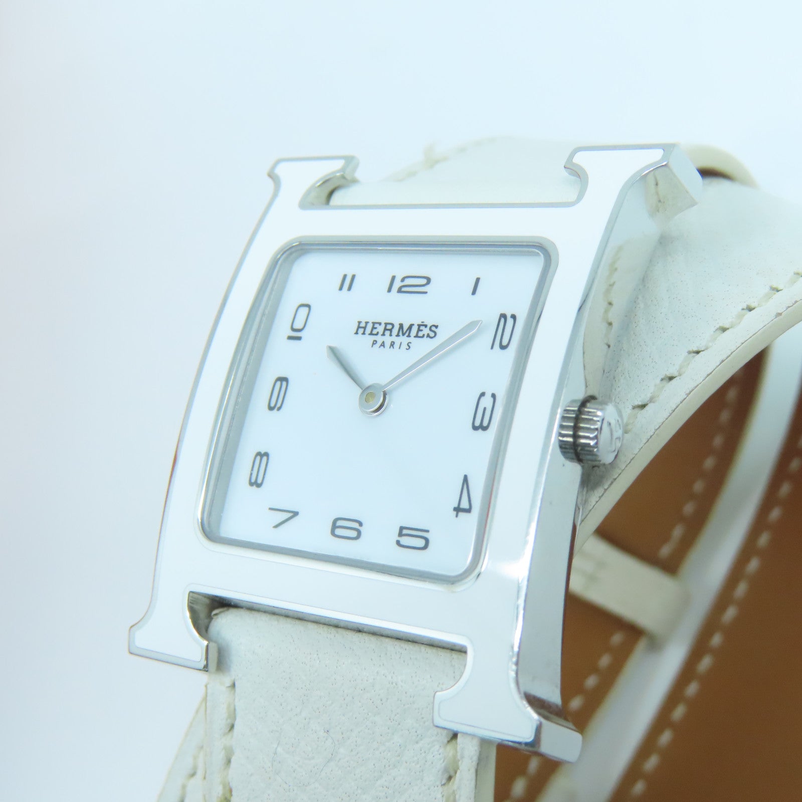 HERMES Heure H Watch MM不鏽鋼/Epsom皮革帶手錶石英機芯白色