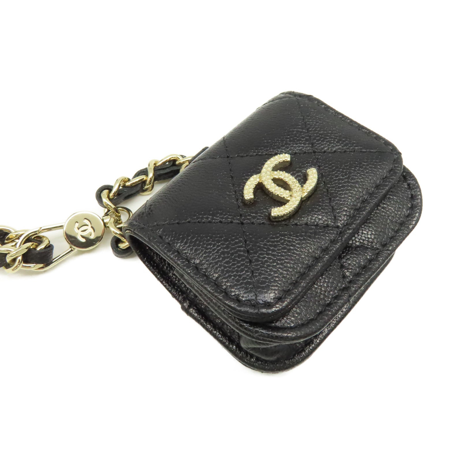 CHANEL 菱格Caviar皮革Phone And Airpods Case金扣鏈帶手機/耳機袋黑色
