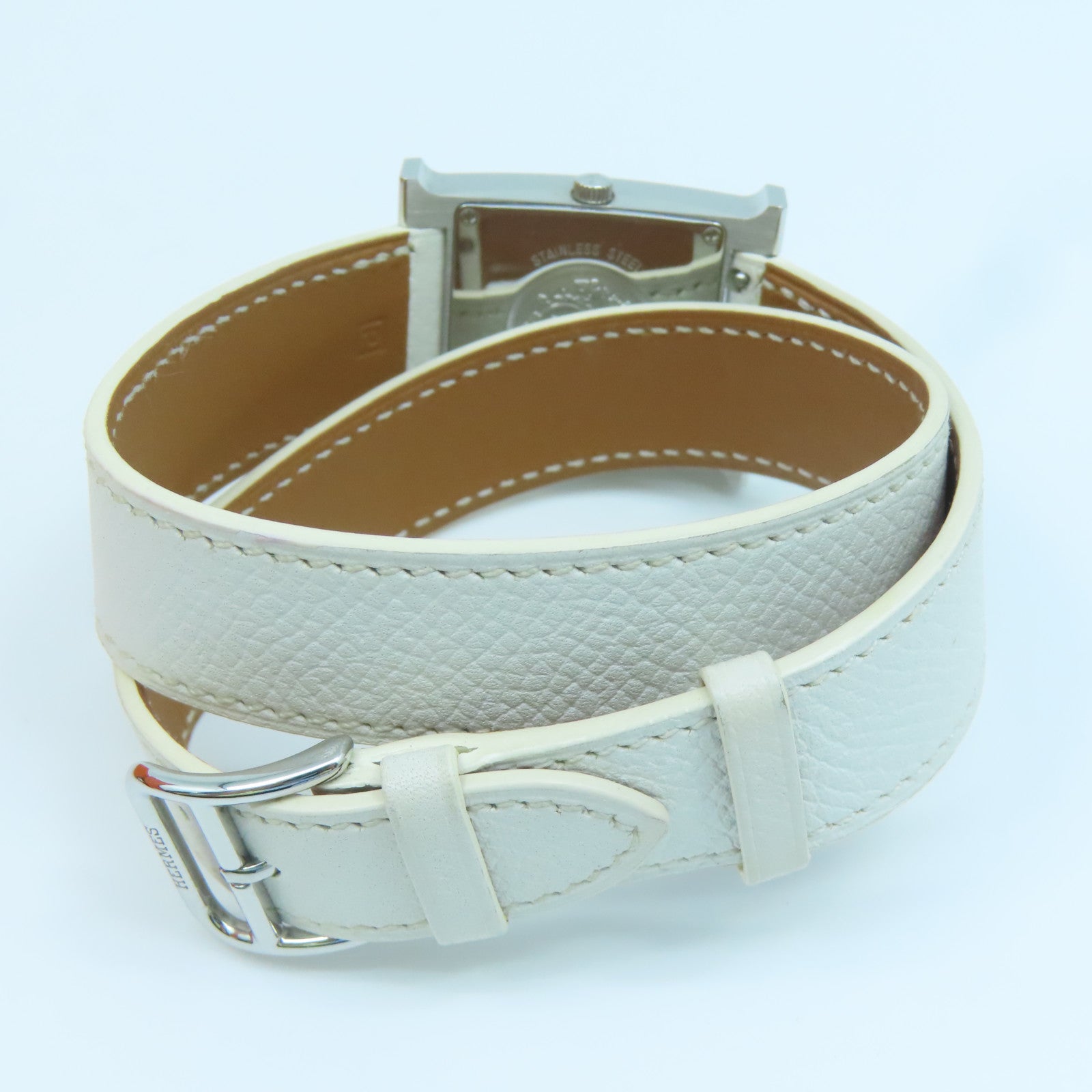 HERMES Heure H Watch MM不鏽鋼/Epsom皮革帶手錶石英機芯白色