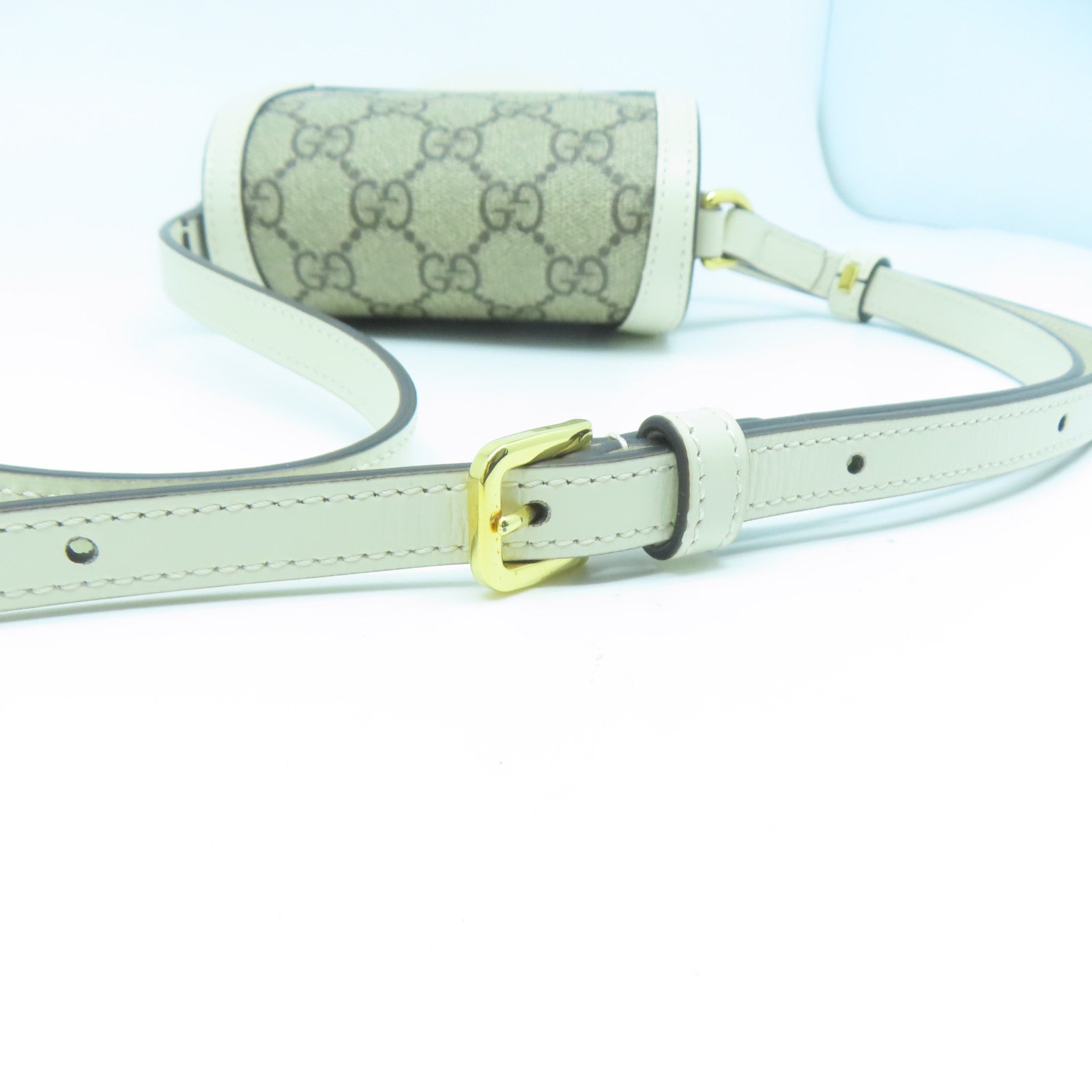 GUCCI 塗層帆布Gucci Horsebit 1955金扣肩背袋白色/啡色