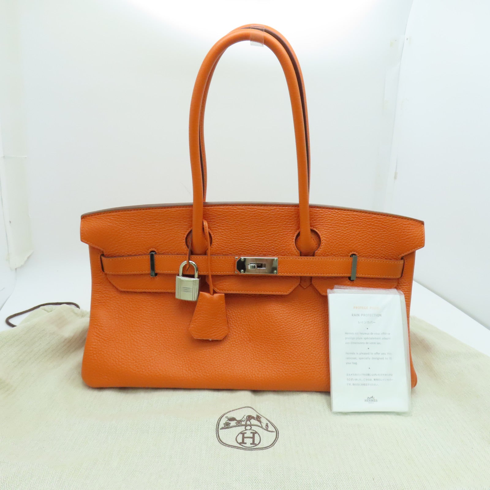 HERMES Clemence皮革Shoulder Birkin肩背袋银扣橙色