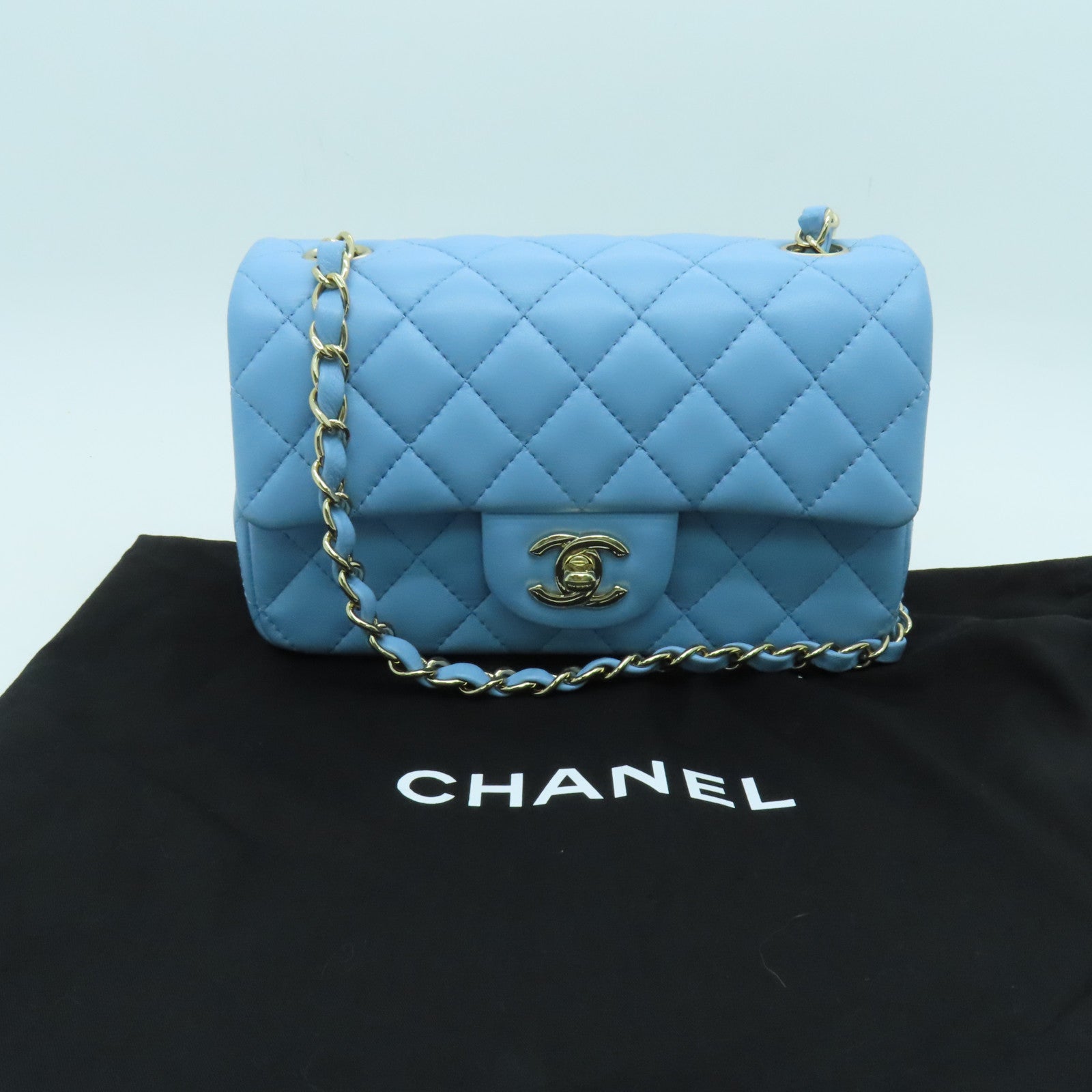 CHANEL 菱格羊皮皮革Classic Mini金扣肩背袋蓝色