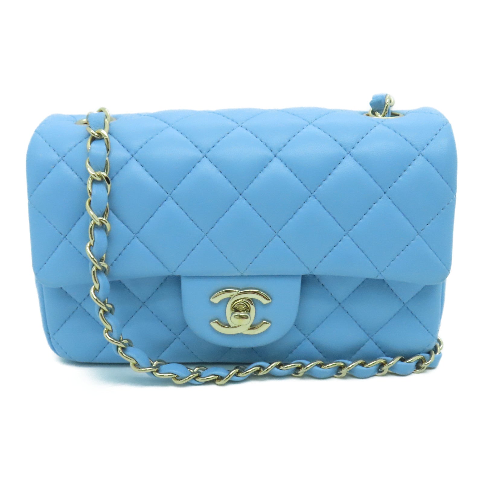 CHANEL 菱格羊皮皮革Classic Mini金扣肩背袋蓝色