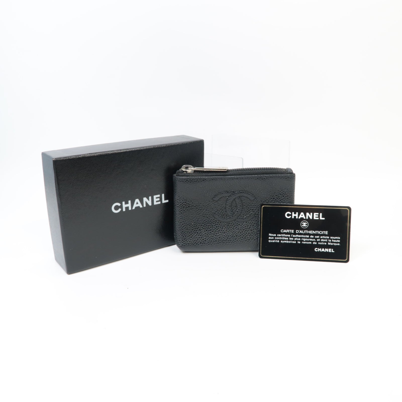 CHANEL Caviar皮革Coin Case銀扣零錢包黒色