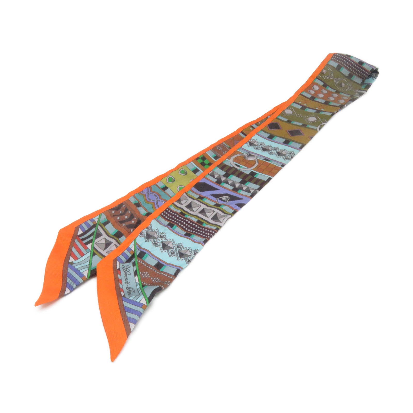 HERMES 絲質Twilly Scarf絲巾橙色/彩色
