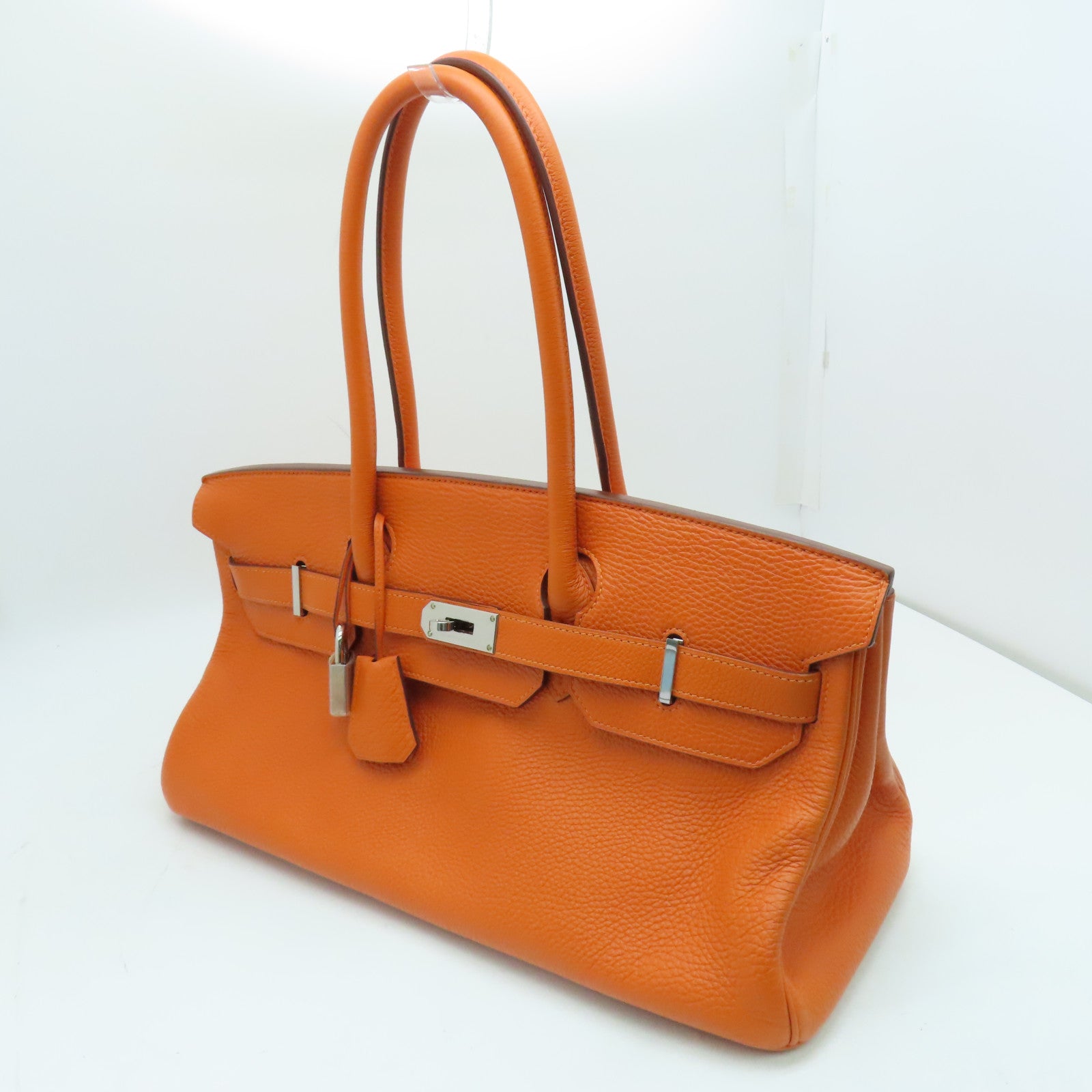 HERMES Clemence皮革Shoulder Birkin肩背袋银扣橙色