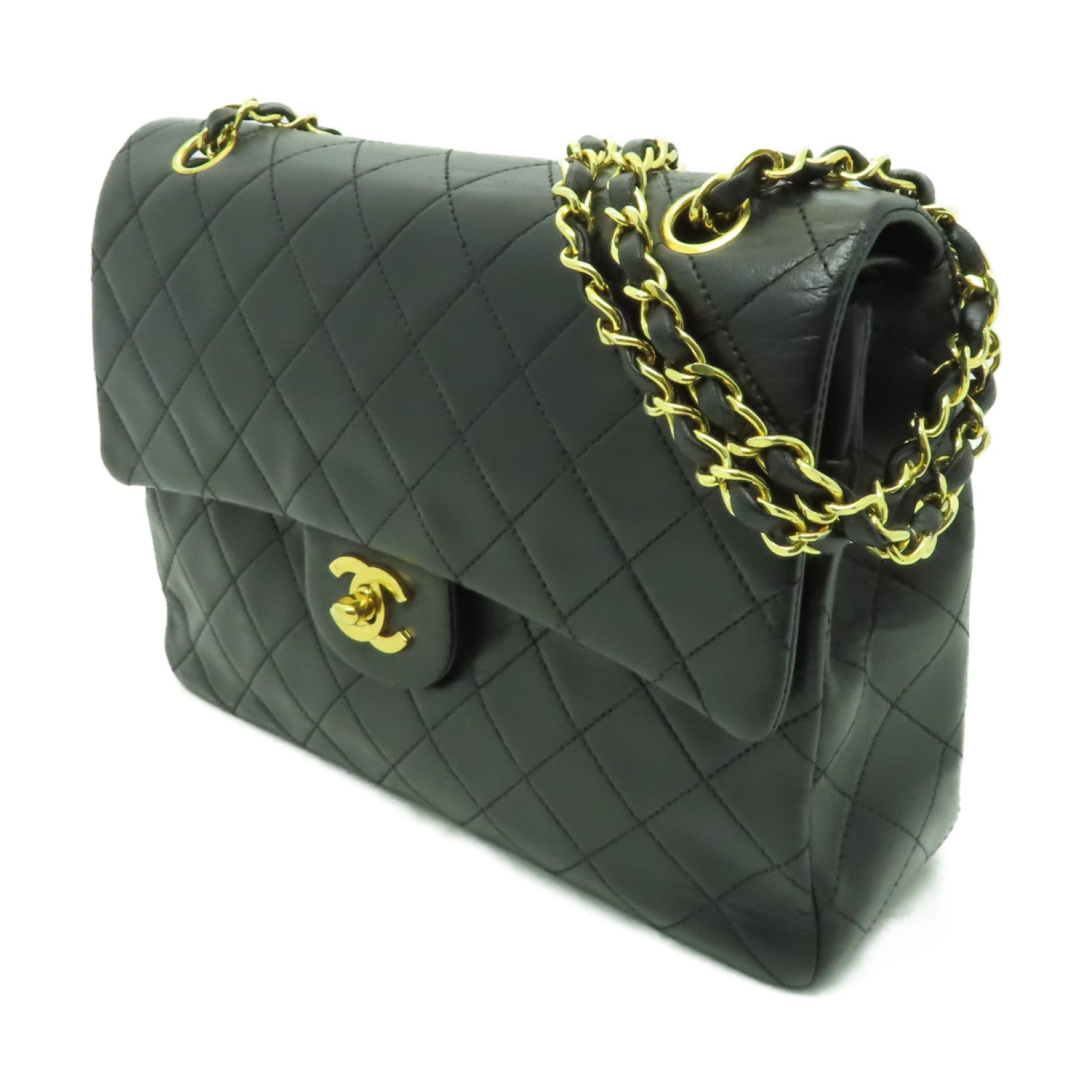 CHANEL 菱格羊皮皮革Vintage Shoulder金扣肩背袋黑色