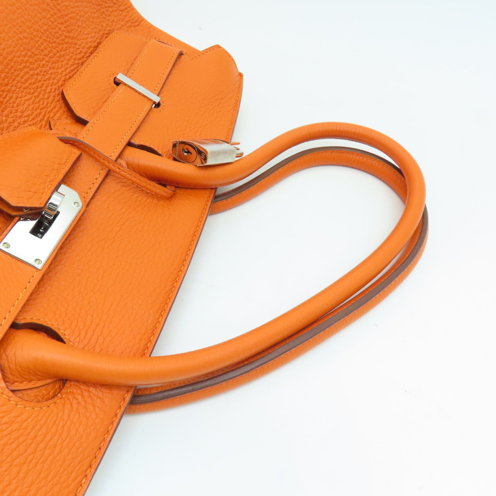 HERMES Clemence皮革Shoulder Birkin肩背袋银扣橙色