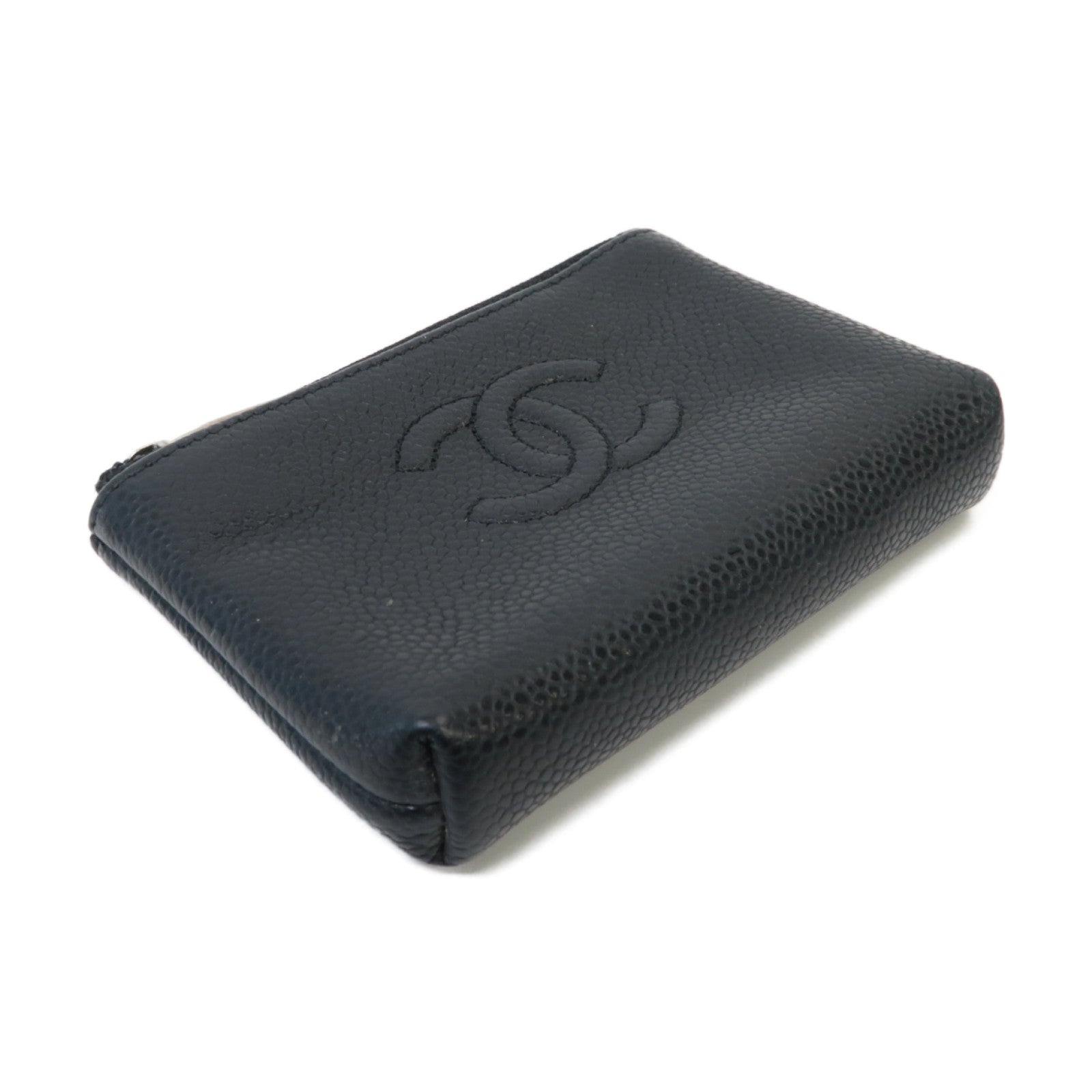 CHANEL Caviar皮革Coin Case銀扣零錢包黒色