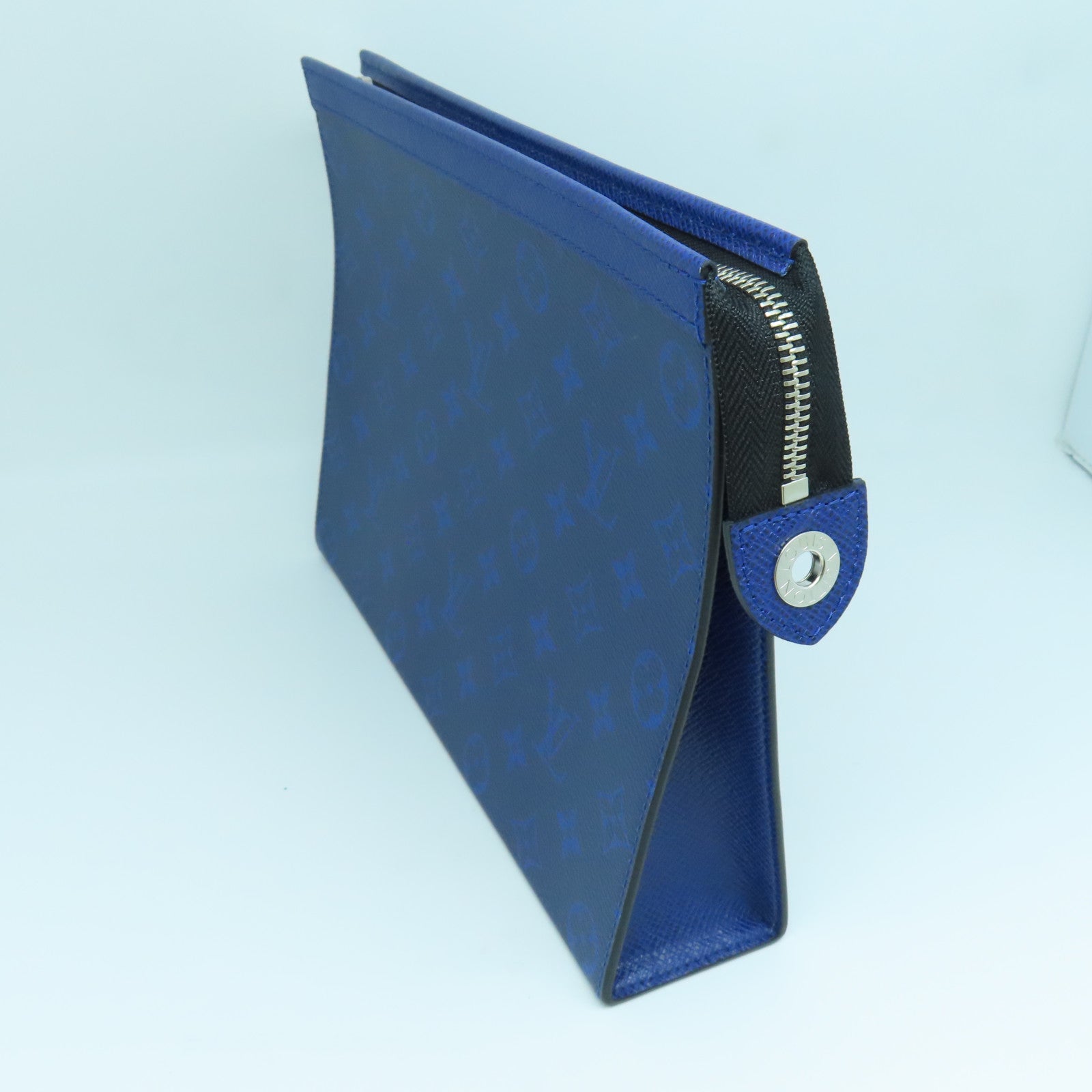 LOUIS VUITTON Monogram Eclipse Pochette Voyage MM Silver Buckle Clutch Blue