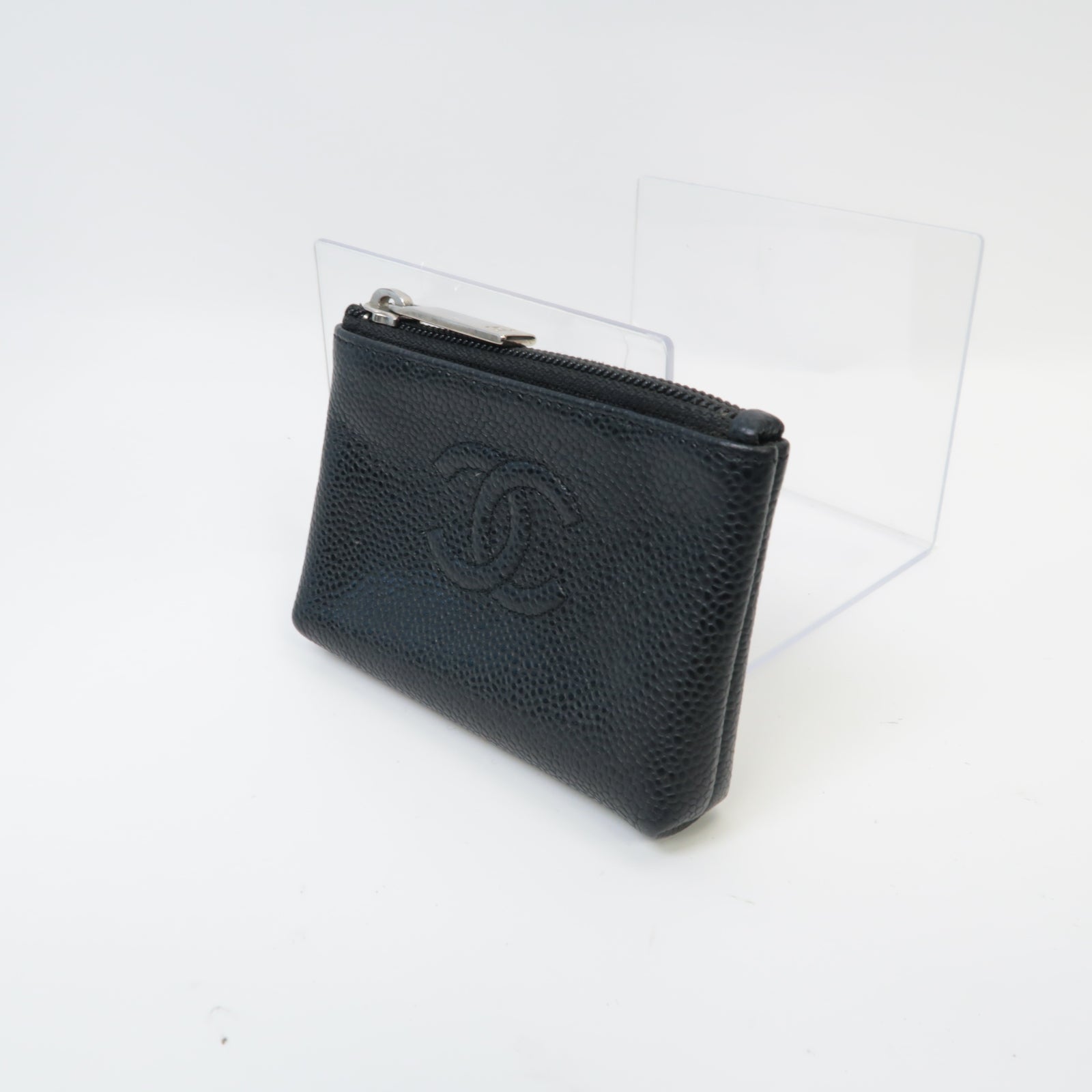 CHANEL Caviar皮革Coin Case銀扣零錢包黒色