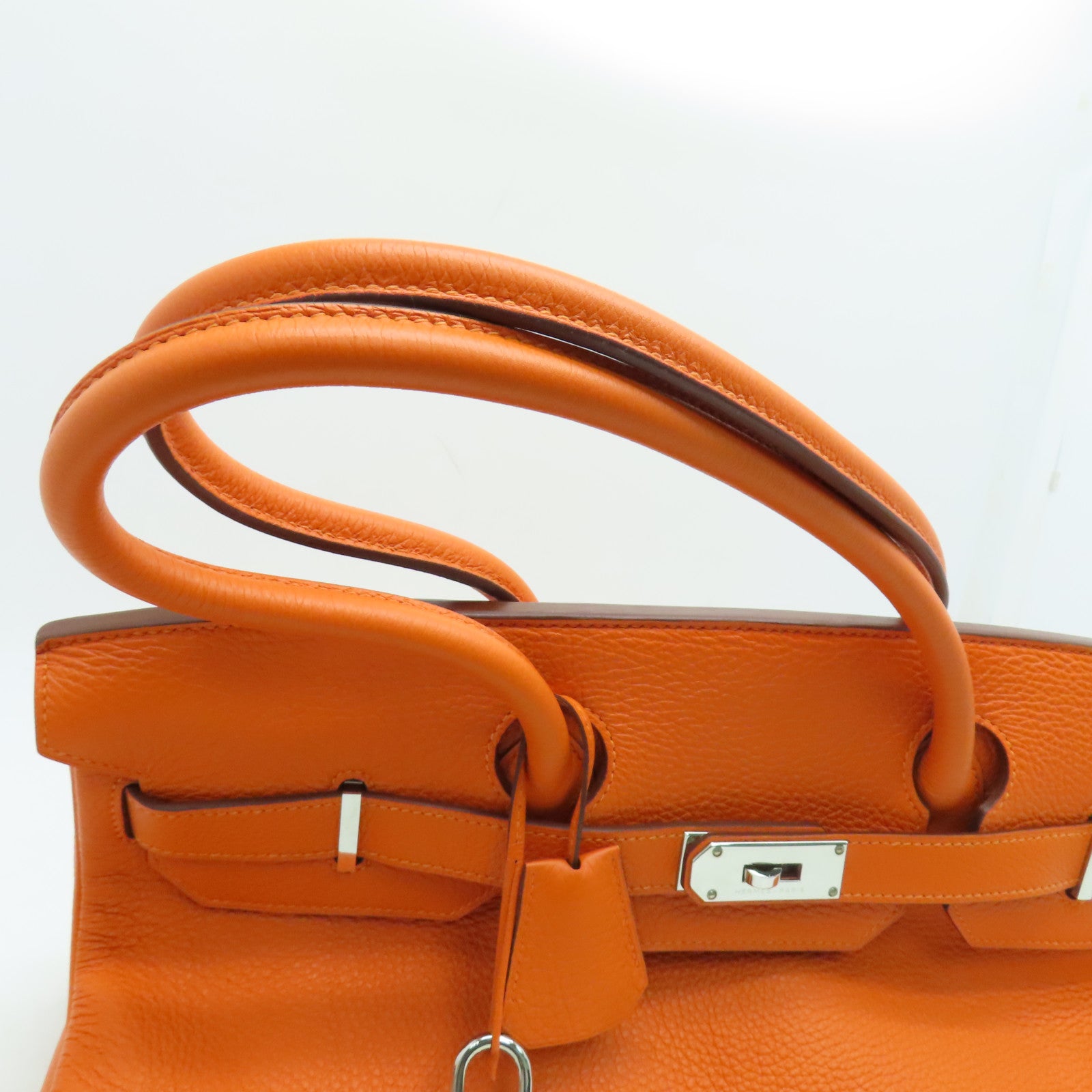 HERMES Clemence皮革Shoulder Birkin肩背袋银扣橙色