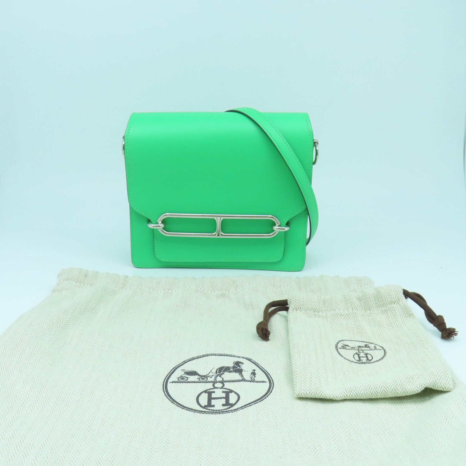 HERMES Evercolor皮革Mini Roulis銀扣肩背袋漫畫綠色
