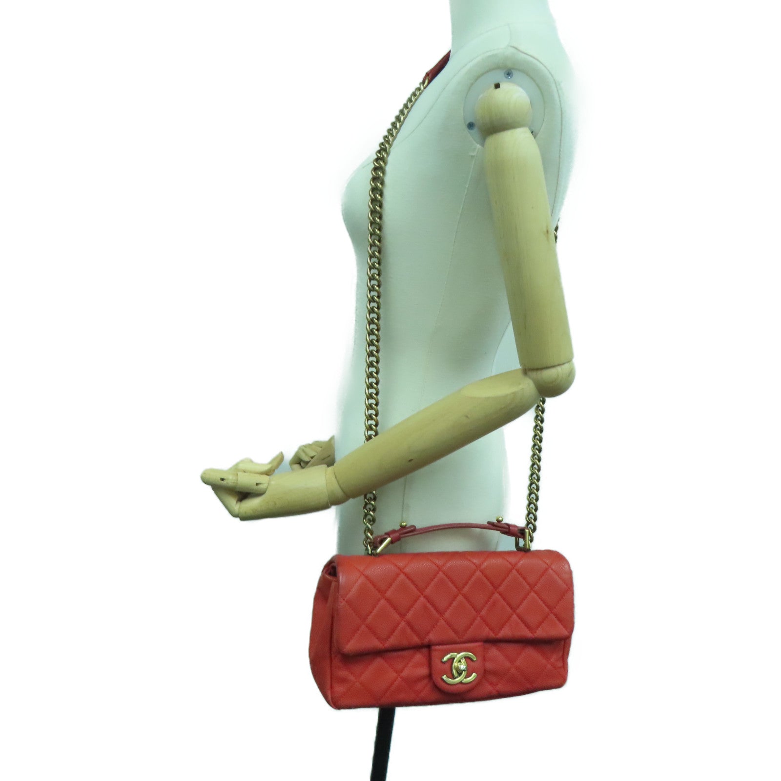 CHANEL 【激减优惠】菱格Caviar皮革Chain Shoulder Bag金扣肩背袋红色