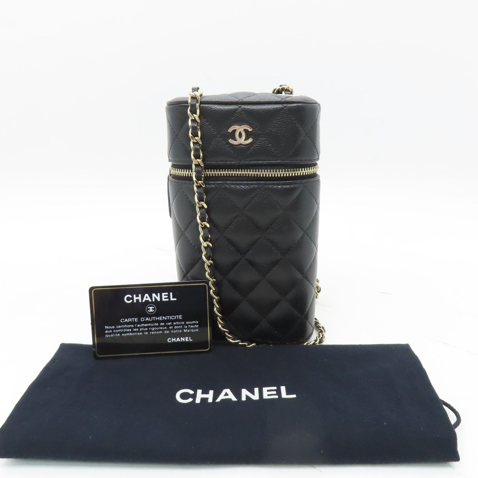 CHANEL 菱格Caviar皮革Chain Shoulder金扣鏈帶肩背袋黑色