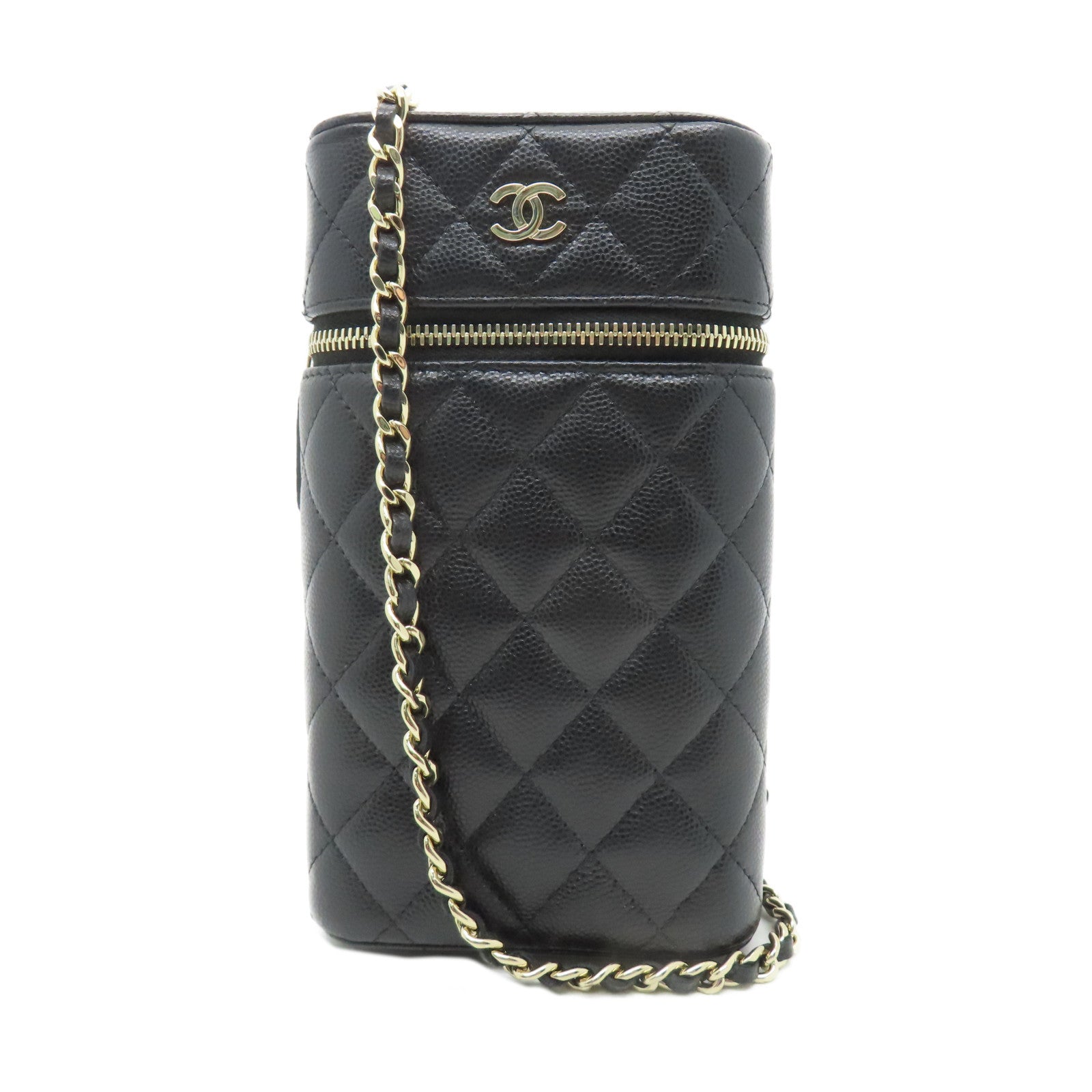CHANEL 菱格Caviar皮革Chain Shoulder金扣鏈帶肩背袋黑色