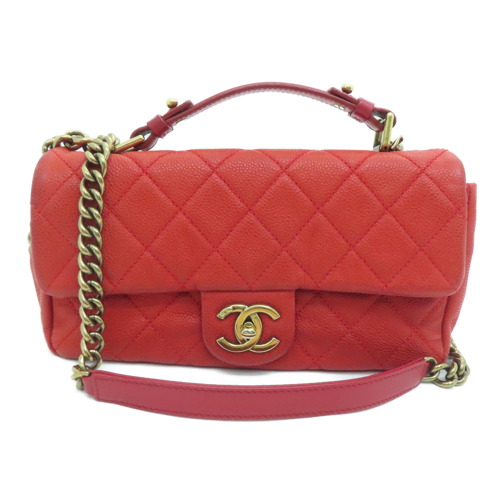 CHANEL 【激减优惠】菱格Caviar皮革Chain Shoulder Bag金扣肩背袋红色
