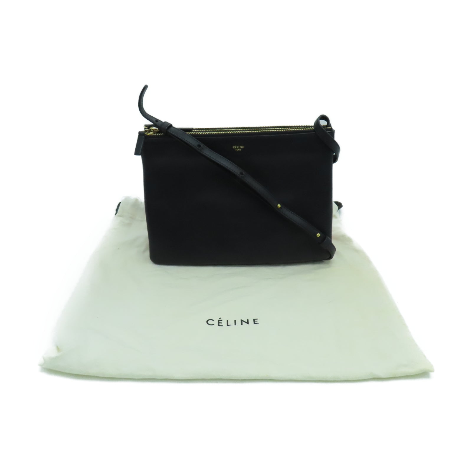 CELINE sheepskin leather Shoulder Bag gold buckle shoulder bag black