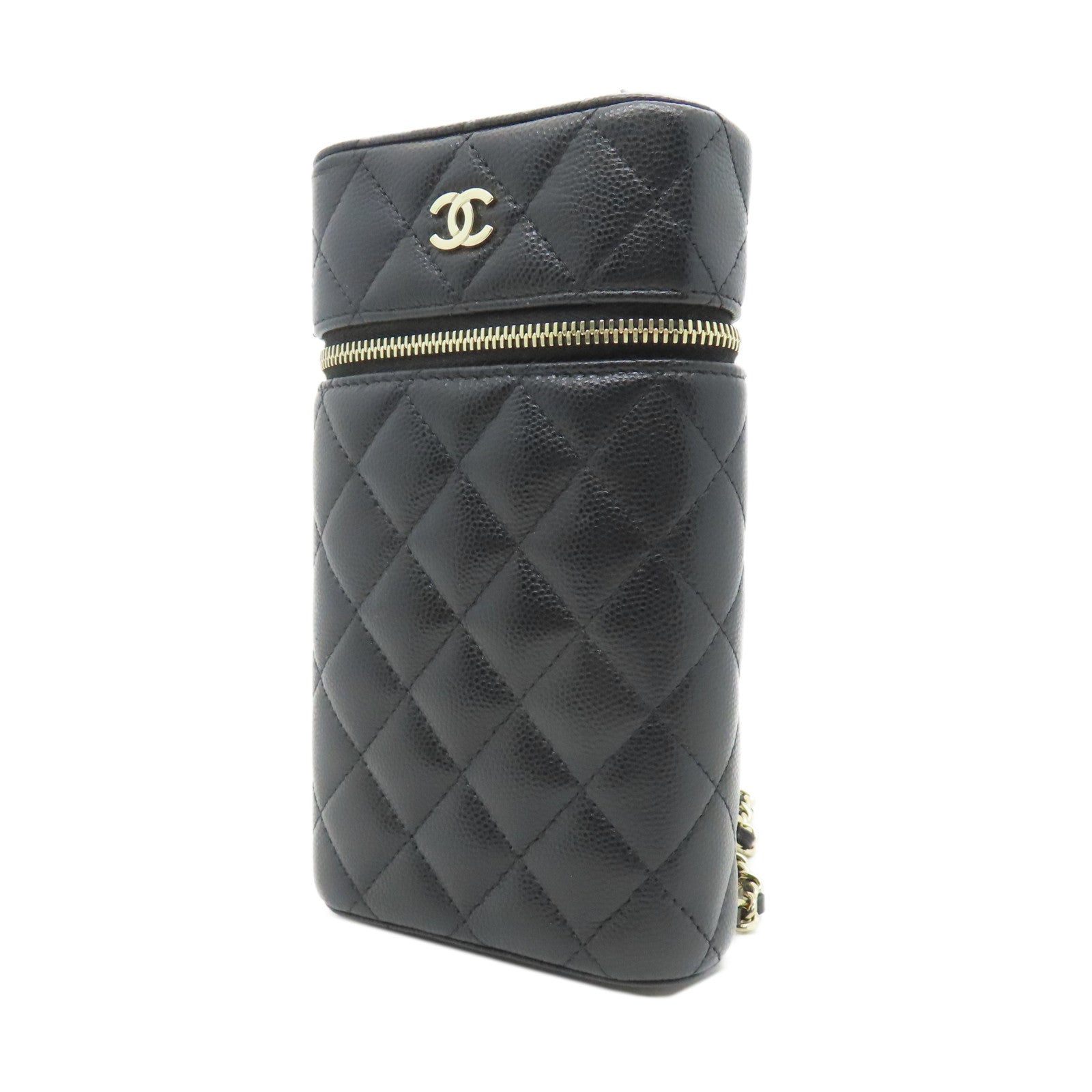 CHANEL 菱格Caviar皮革Chain Shoulder金扣鏈帶肩背袋黑色