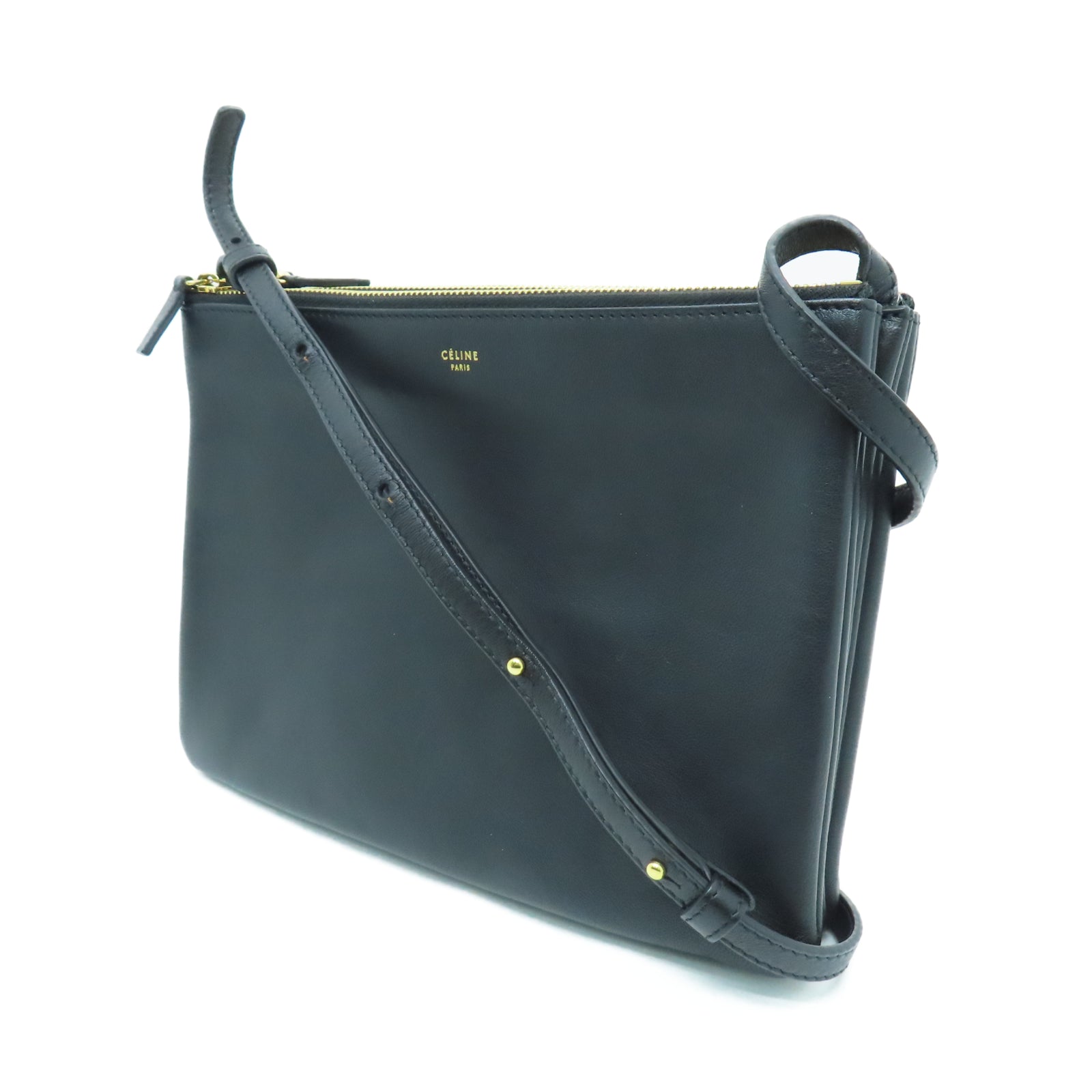CELINE sheepskin leather Shoulder Bag gold buckle shoulder bag black
