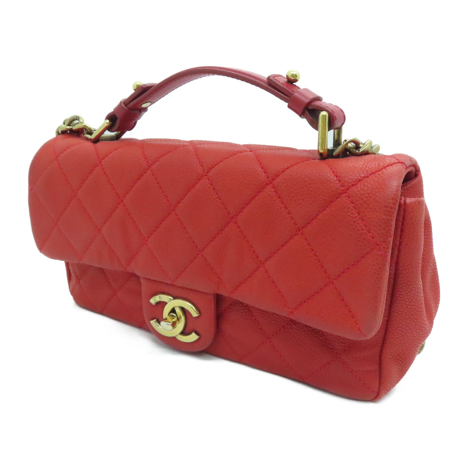 CHANEL 【激减优惠】菱格Caviar皮革Chain Shoulder Bag金扣肩背袋红色