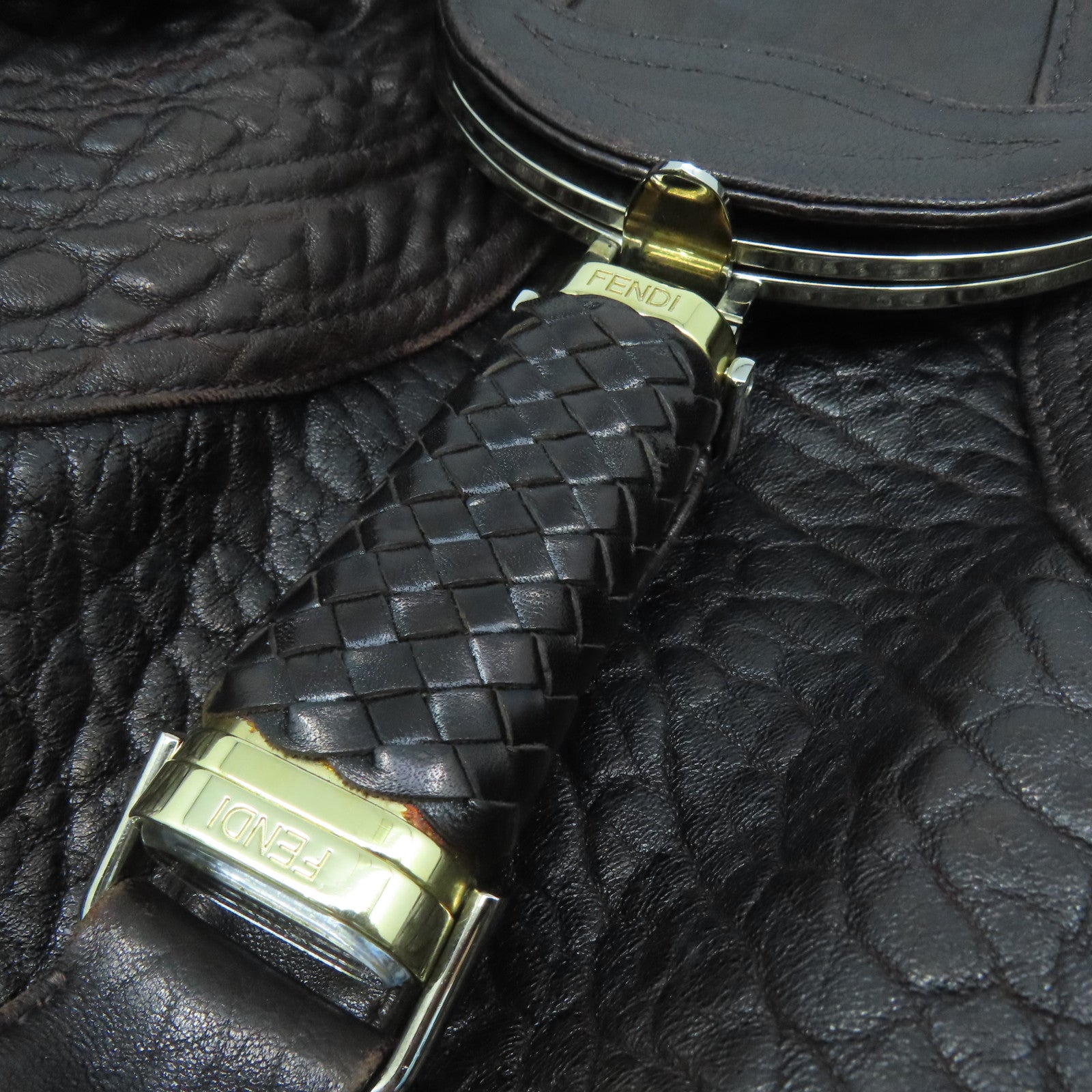 FENDI Cowhide Leather Handbag Handbag Brown