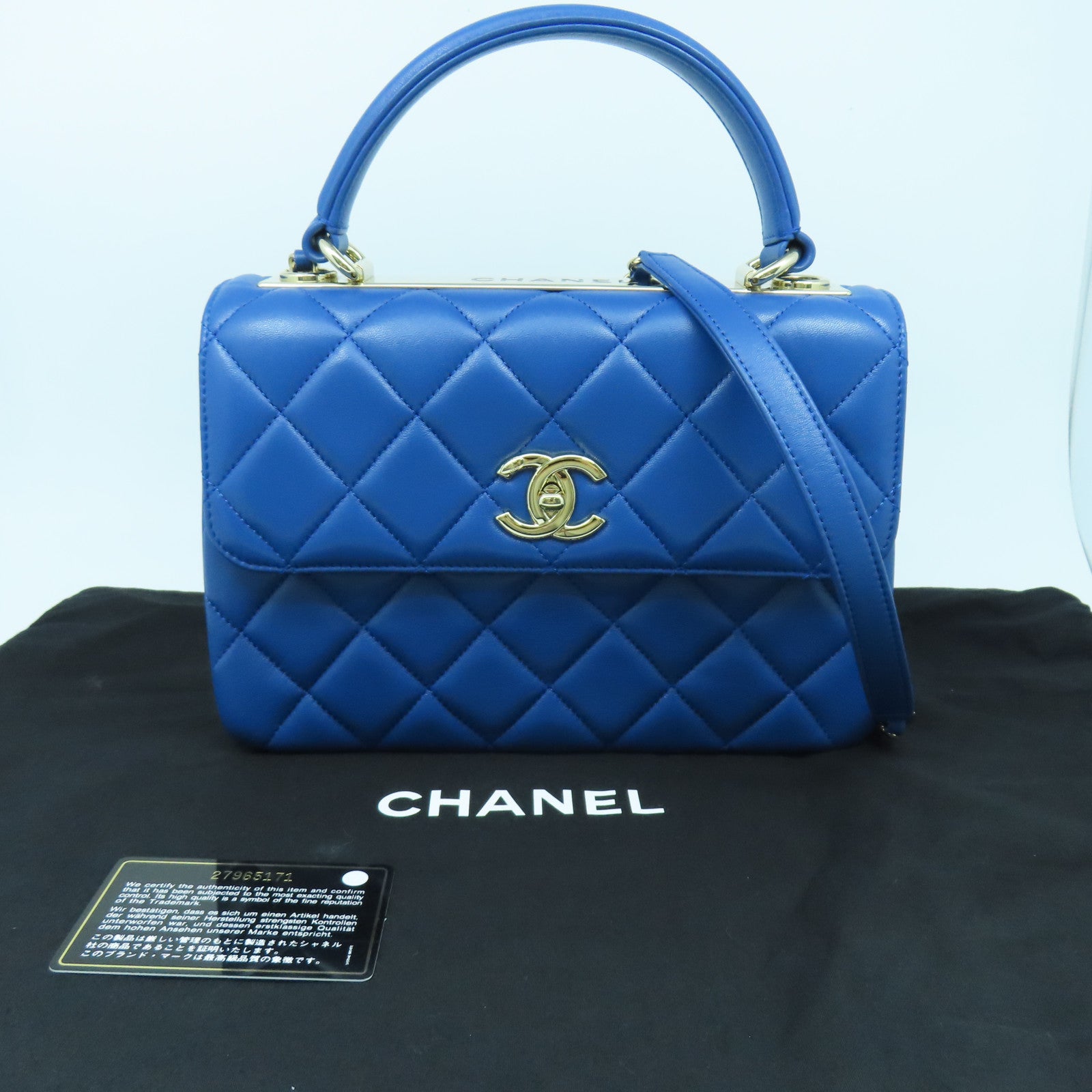 CHANEL 【激減優惠】菱格牛皮皮革Top Handle Bag銀扣手挽肩背兩用袋藍色