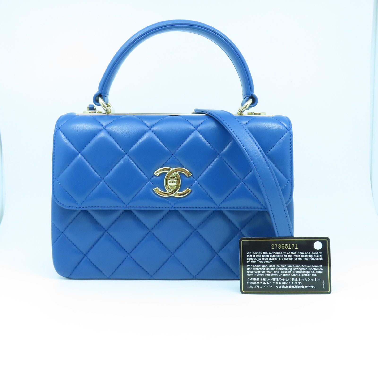 CHANEL 【激減優惠】菱格牛皮皮革Top Handle Bag銀扣手挽肩背兩用袋藍色